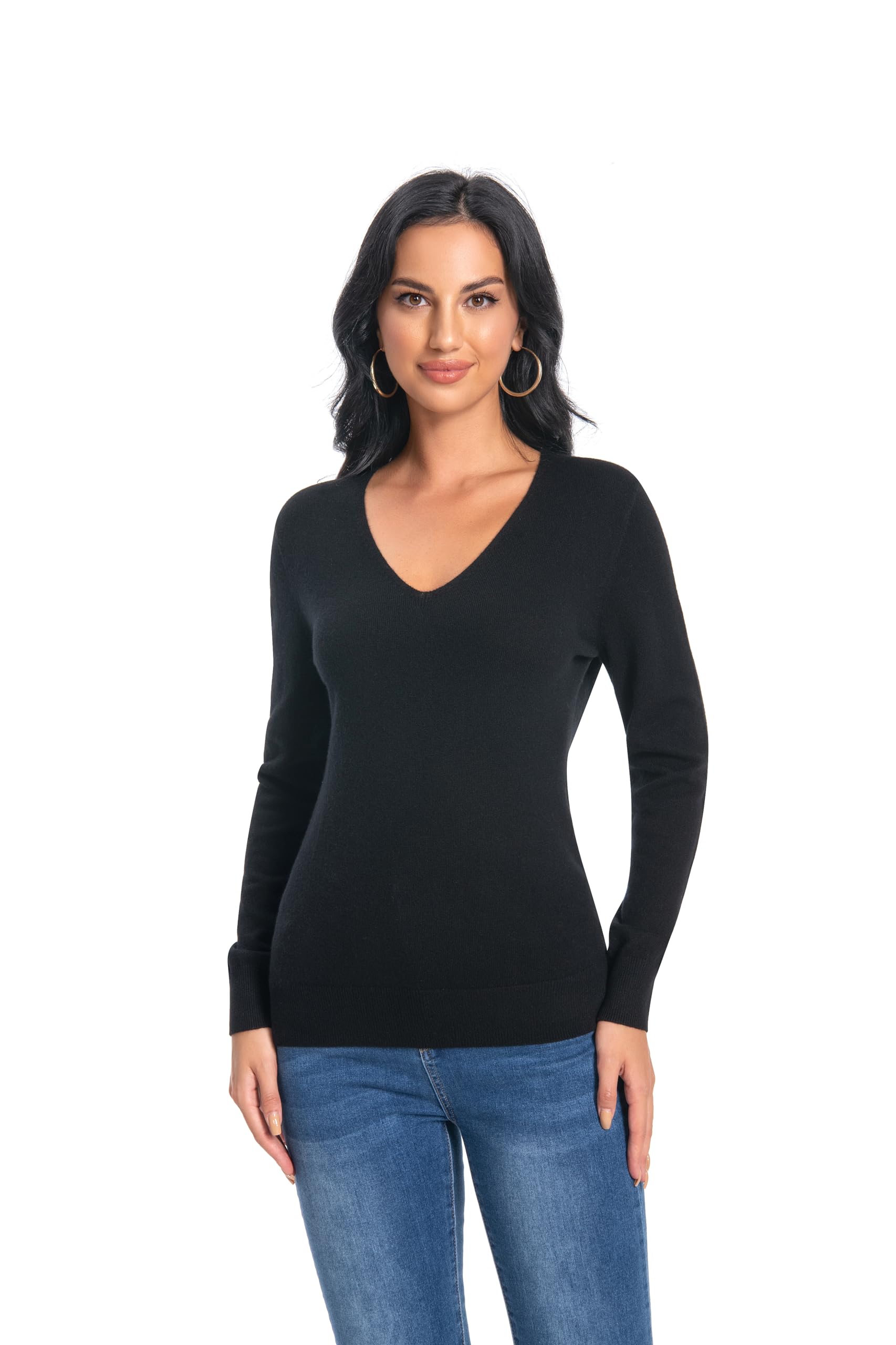WOSICA Women‘s 100% Cashmere V-Neck Long Sleeve Pullover(Black L)