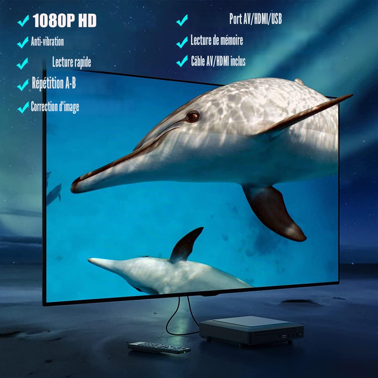 Ceihoit – Mini Lecteur DVD, Lecteur CD/Disque DVD pour TV avec Sortie HDMI/AV, câbles HDMI/AV Inclus, HD 1080P Pris en Charge avec système PAL/NTSC intégré