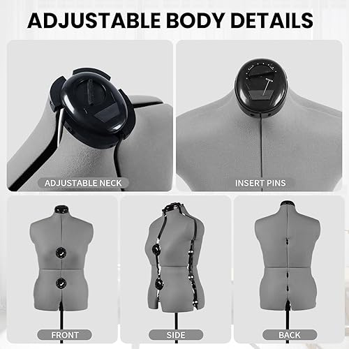 Vista 11 de Maniquí femenino ajustable para coser tallas 12-18, forma de cuerpo pinable con 13 diales, base enrollable desmontable, rango de altura de 42.5 a 60