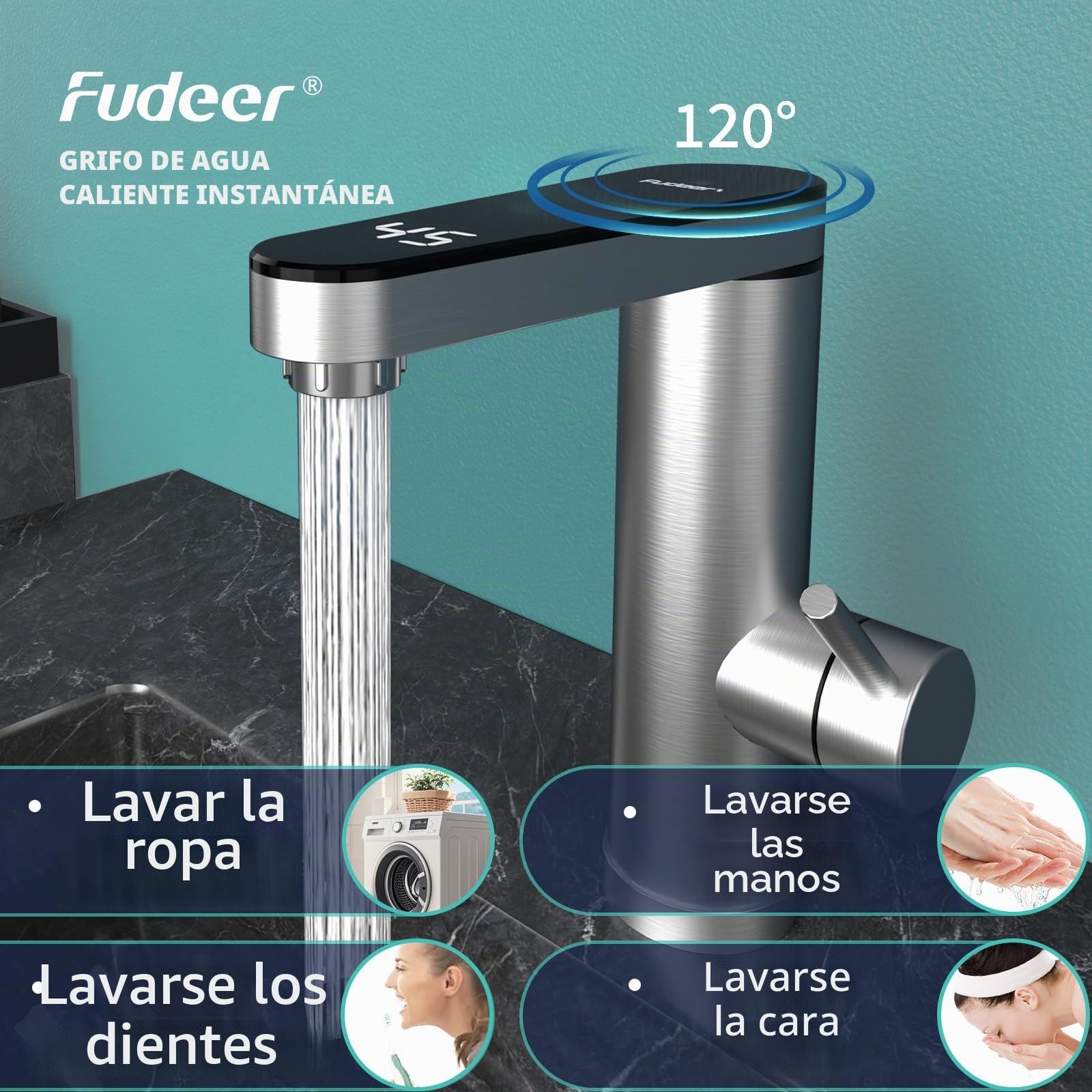 grifo con calentador de agua 230V, 3.3KW Grifo eléctrico para baño con pantalla digital (30-45℃), calentamiento rápido, salida giratoria de 120°, acero inoxidable 304 (plata)