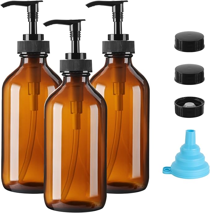 Vitreaux Amber Glass Soap Dispenser 8oz, 3 Pack with Leak-Proof Pump, Refillable Small Glass Bottles for Hand Soap, Lotion, Shampoo & Dish Soap, Includes Protective Black Caps & Easy-Pour Funnel