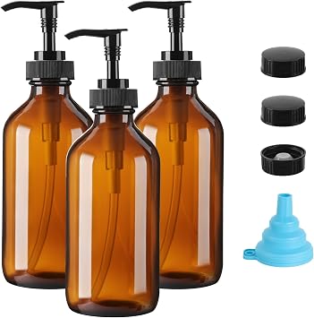Vitreaux Amber Glass Soap Dispenser 8oz, 3 Pack with Leak-Proof Pump, Refillable Small Glass Bottles for Hand Soap, Lotion, S