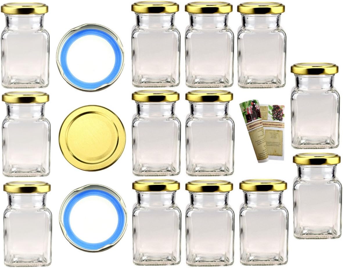 gouveo Set of 15 preserving jars square 150 ml with screw cap gold and 28-page recipe brochure, storage jars, jam jars, spice jars, preserving jars