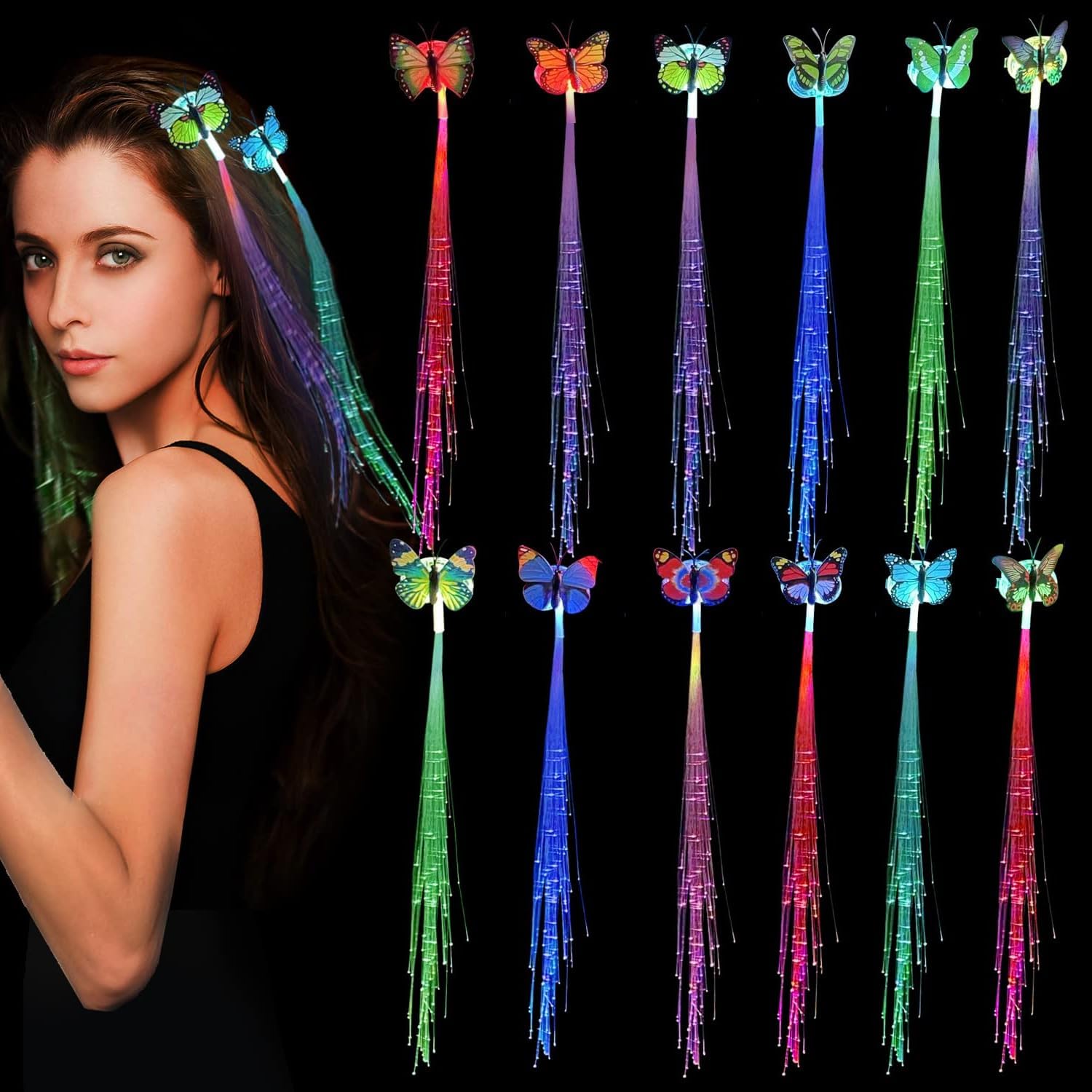 6 Pcs LED Flashing Light Butterfly Hair Clip Braid Optical Fibber Hairpin Party Decor Girl,Kids and Women Party Favours For Dark Music Festivals Party Neon Rave (Multicolor) (6)-image-22