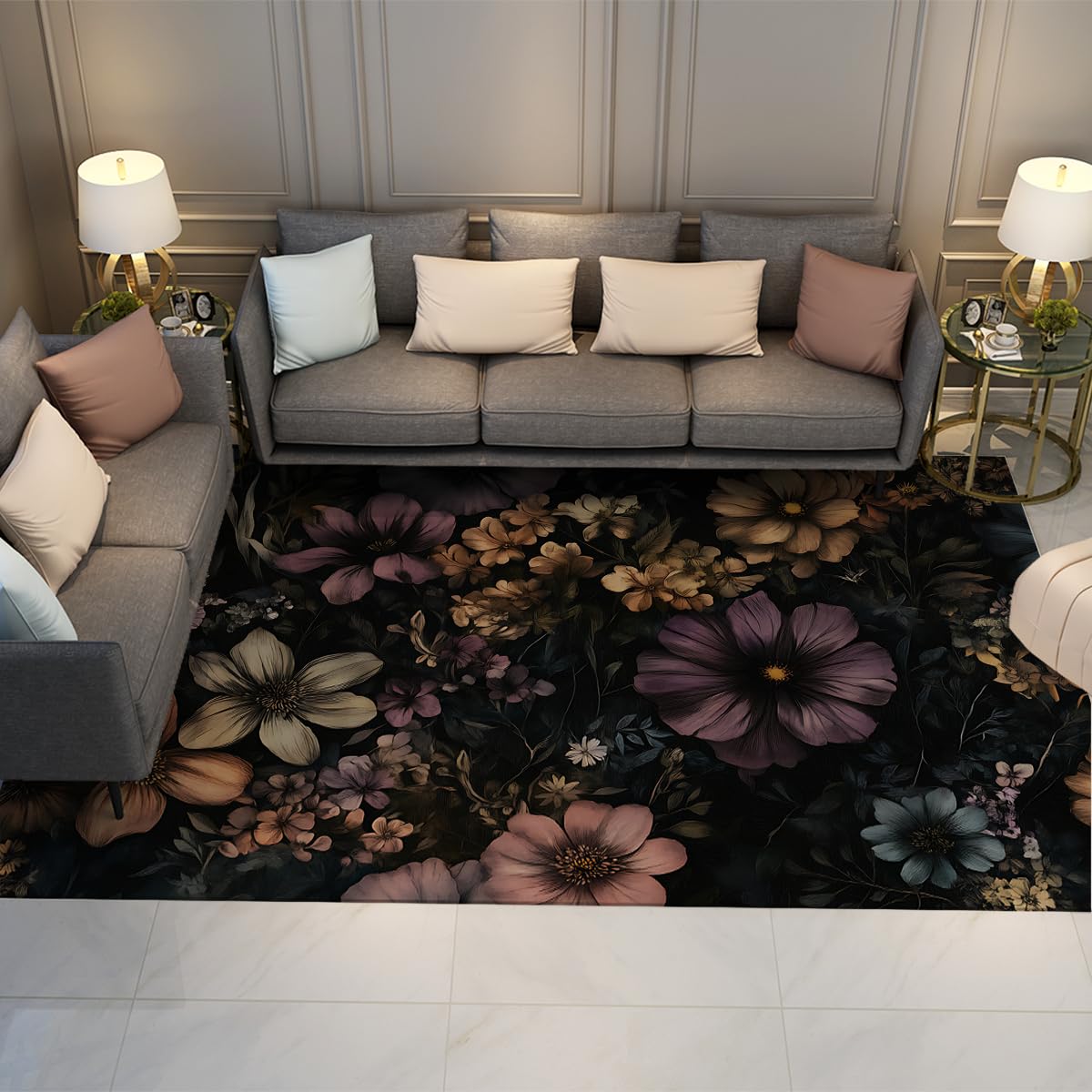 Tapis de salon chambre d'étude fleuri lavable grand format 200x300