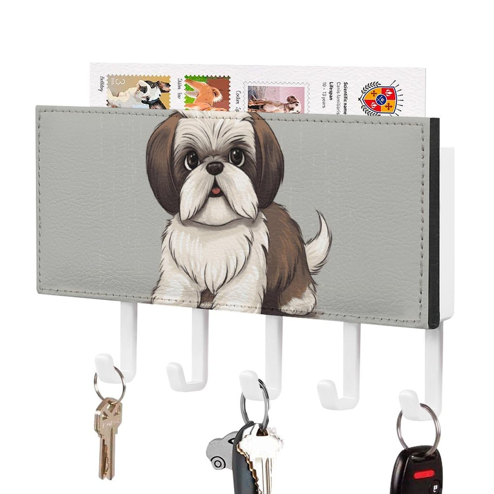 DWVTSLH Shih Tzu Dog Key Holder for Wall, Decorative Key Hooks with Mail Organizer & 5 Hooks, Self Adhesive Leather Key Hanger for Entryway, Wall Mounted Key Rack (7.1” X 4.3” X 0.9”)