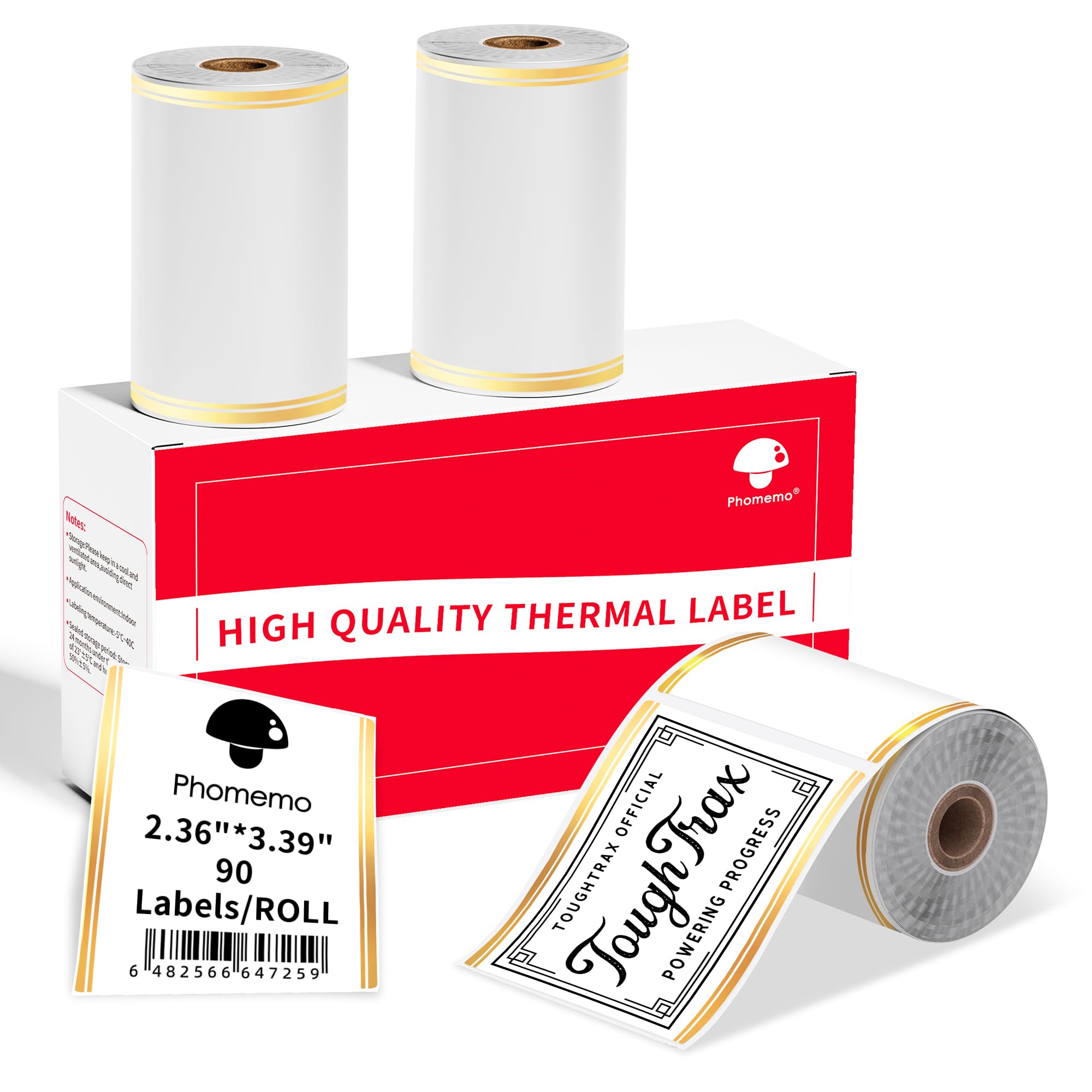 Phomemo Thermal Labels-Gold Linear Border for M220/M250/M221 Label Printer, 2.36"x3.39"(60x86mm), 90 Labels/Roll, for Barcode/Address/Logo/Mailing/Business/Home Tag, 3 Rolls