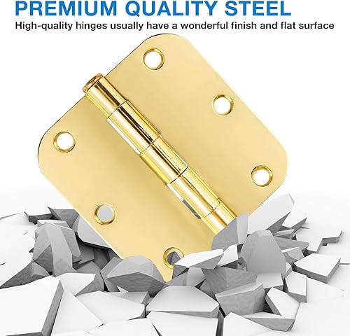 Miniatura 5 de Paquete de 18 bisagras de puerta para puertas interiores, bisagras de 3 12 puertas, 3.5 pulgadas, 58 pulgadas, bisagras redondeadas de latón pulido,