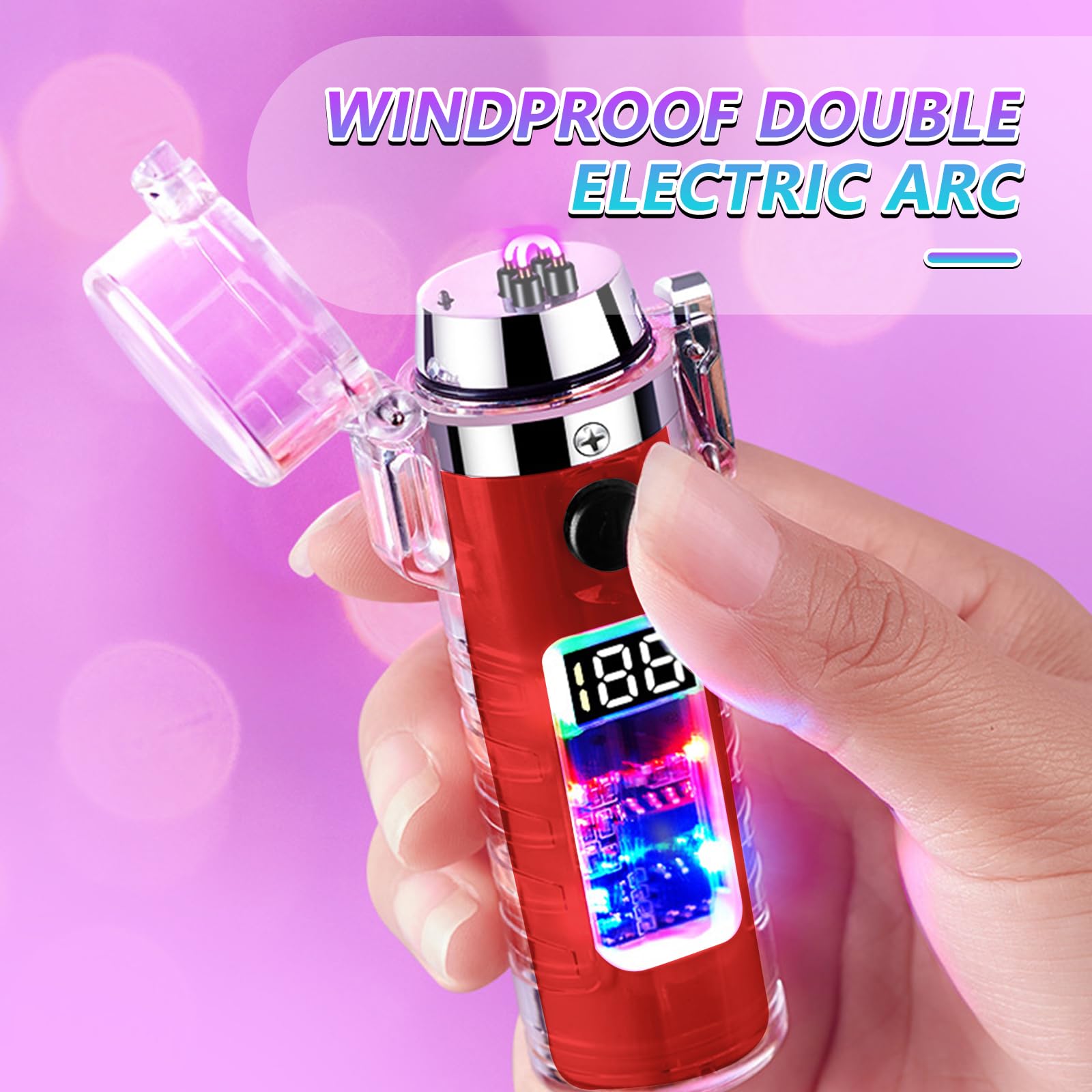 BABOBIU Briquet électrique frais, coupe-vent, étanche, sans flamme, plasma avec affichage LED et lampe de poche pour sortir, randonnée, camping, aventure (rouge)