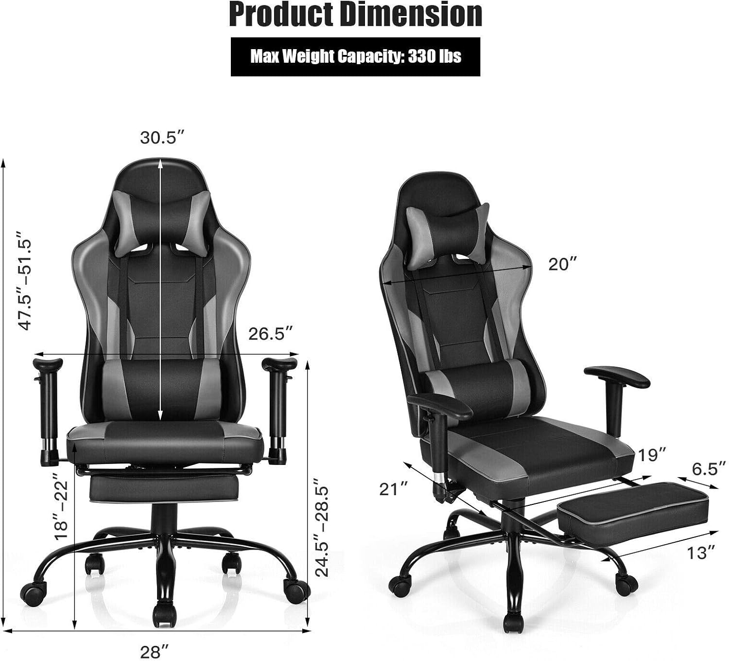 ARLIME Massage Gaming Chair, Adjustable Racing Computer Task Chair Recliner, 360 Degree Rotation Free Sliding Office Chair w/Retractable Footrest (Black)