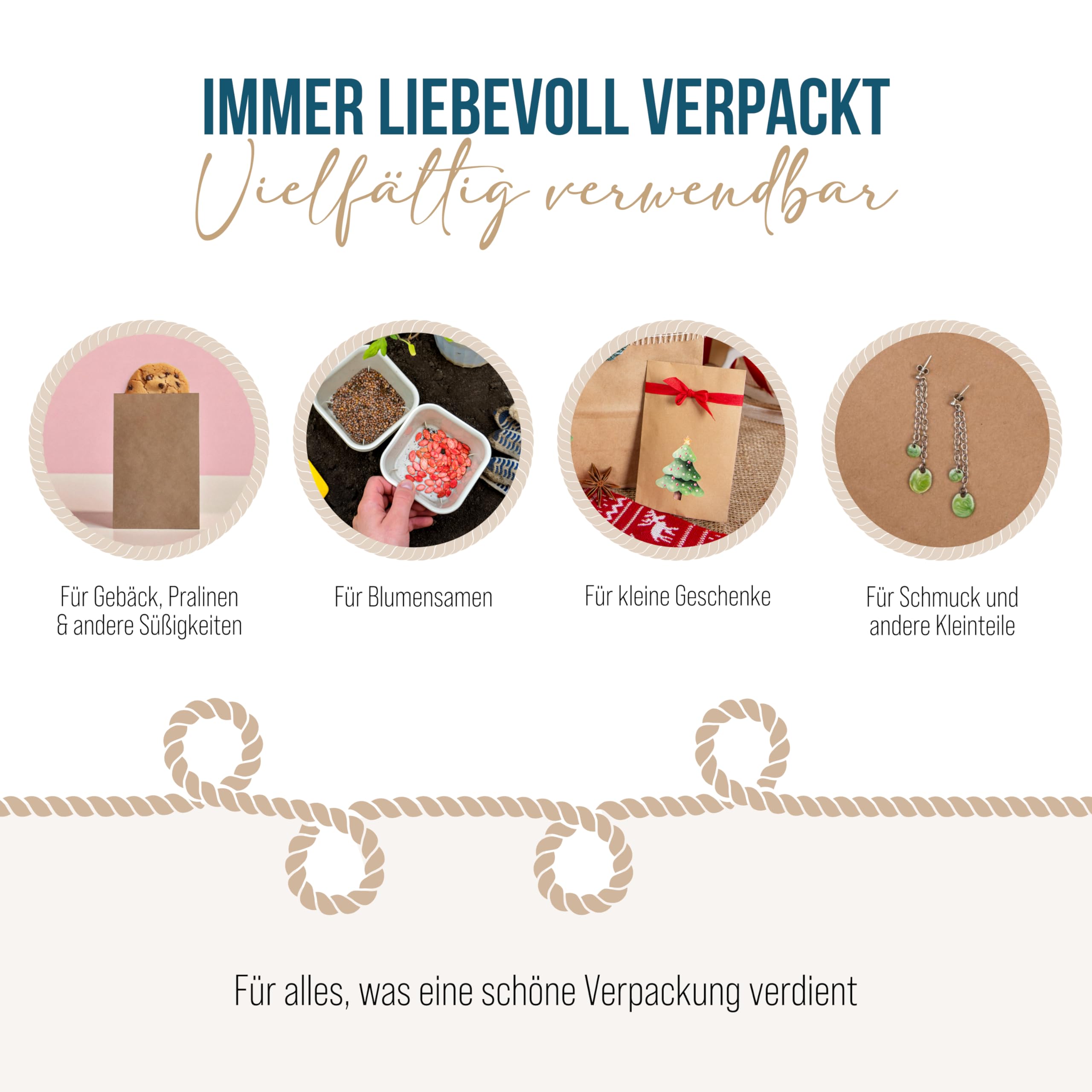 100 Stück Kraftpapiertüten, 11,9 x 7,1 x 21,1 cm, braune Papiertüten für Brot, Sandwiche, Lebensmittel, Lebensmittelbeutel mit 108 Dankeschön-Etiketten für Partygeschenke, Mitnehmen