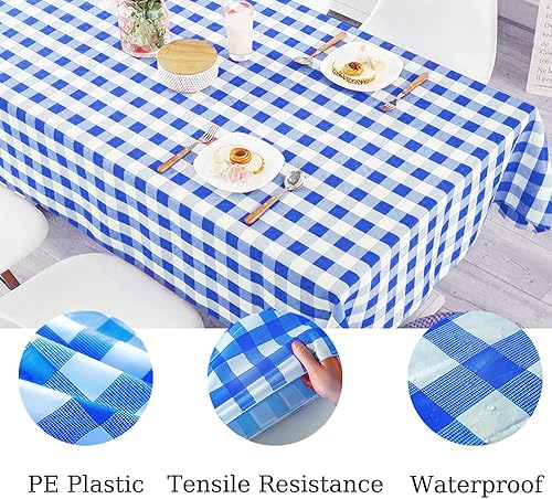Miniatura 4 de Yancorp Paquete de 4 manteles de plástico a cuadros azules y blancos de 54 x 108 pulgadas, fundas de mesa desechables para mesa rectangulares