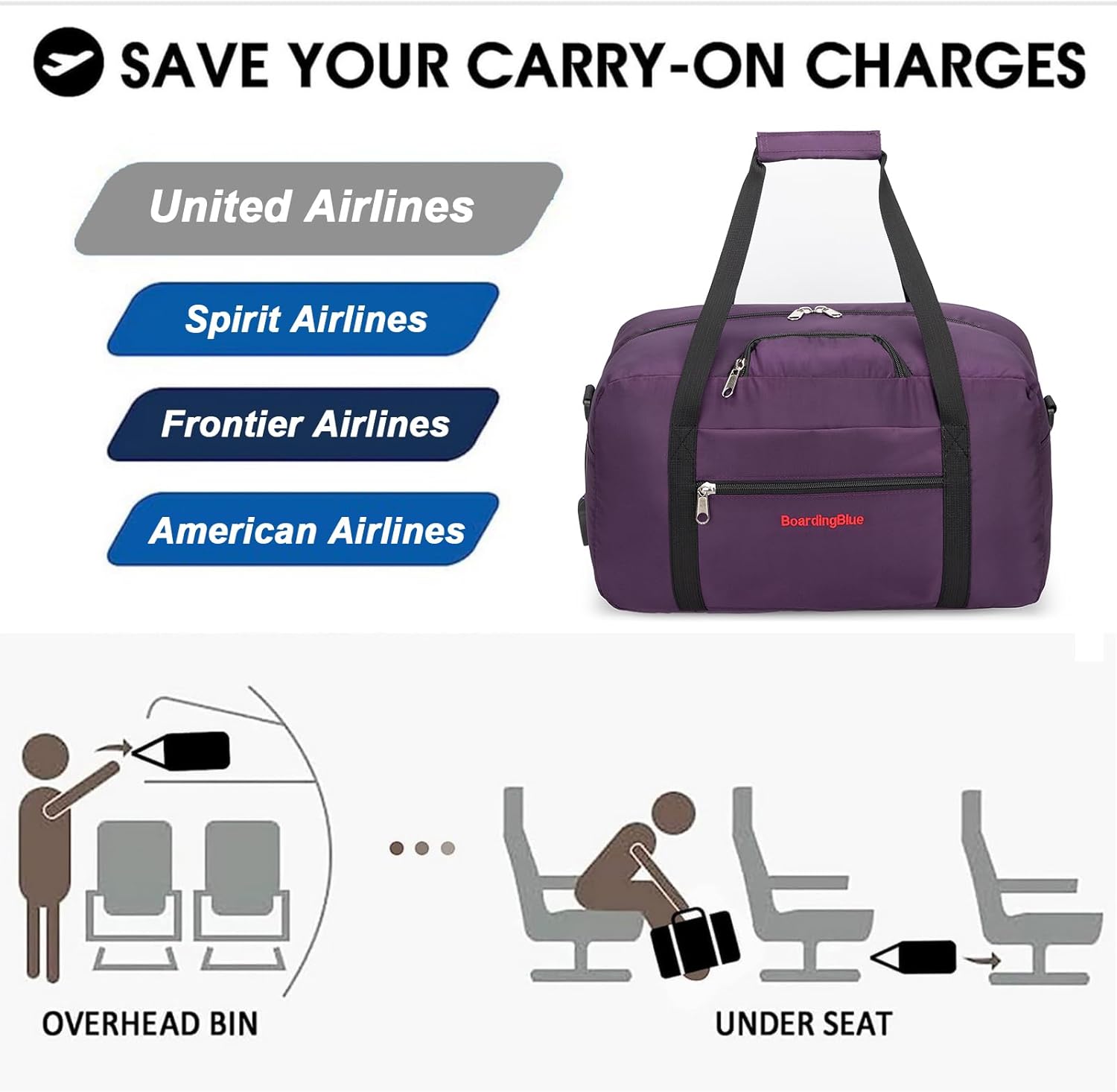 17x10x9 United Airline Personal Item Under Seat Duffel Bag With Free Pillow And USB Port (Purple) - Image 6