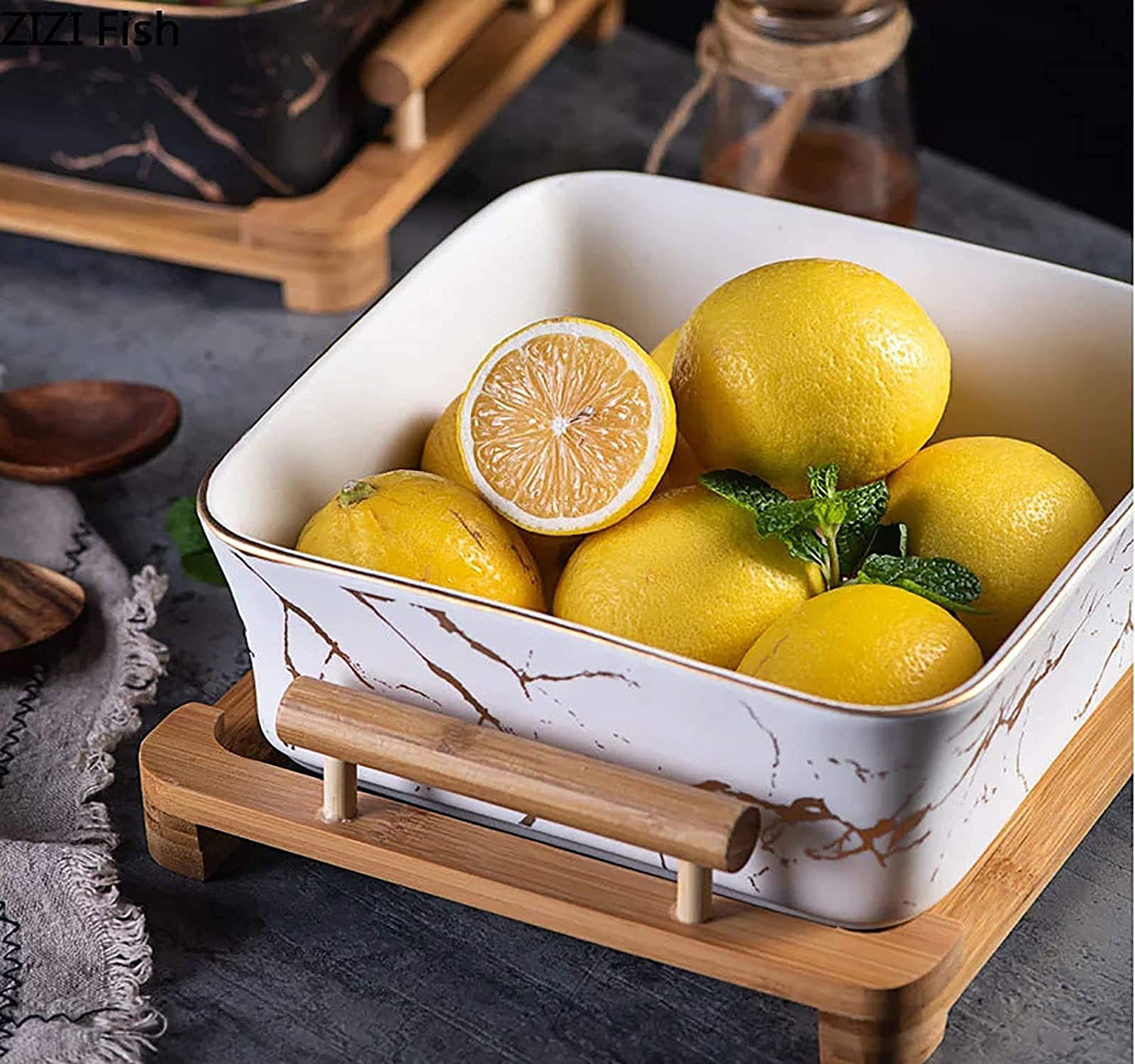 Porcelanowe Miski Na Owoce Z Drewnianym Stojakiem, Dekoracyjna Miska Sałatkowa, Składana Miska Centralna, Miska Do Serwowania Słodyczy, Przekąsek I Zup, Marmurowa Miska
