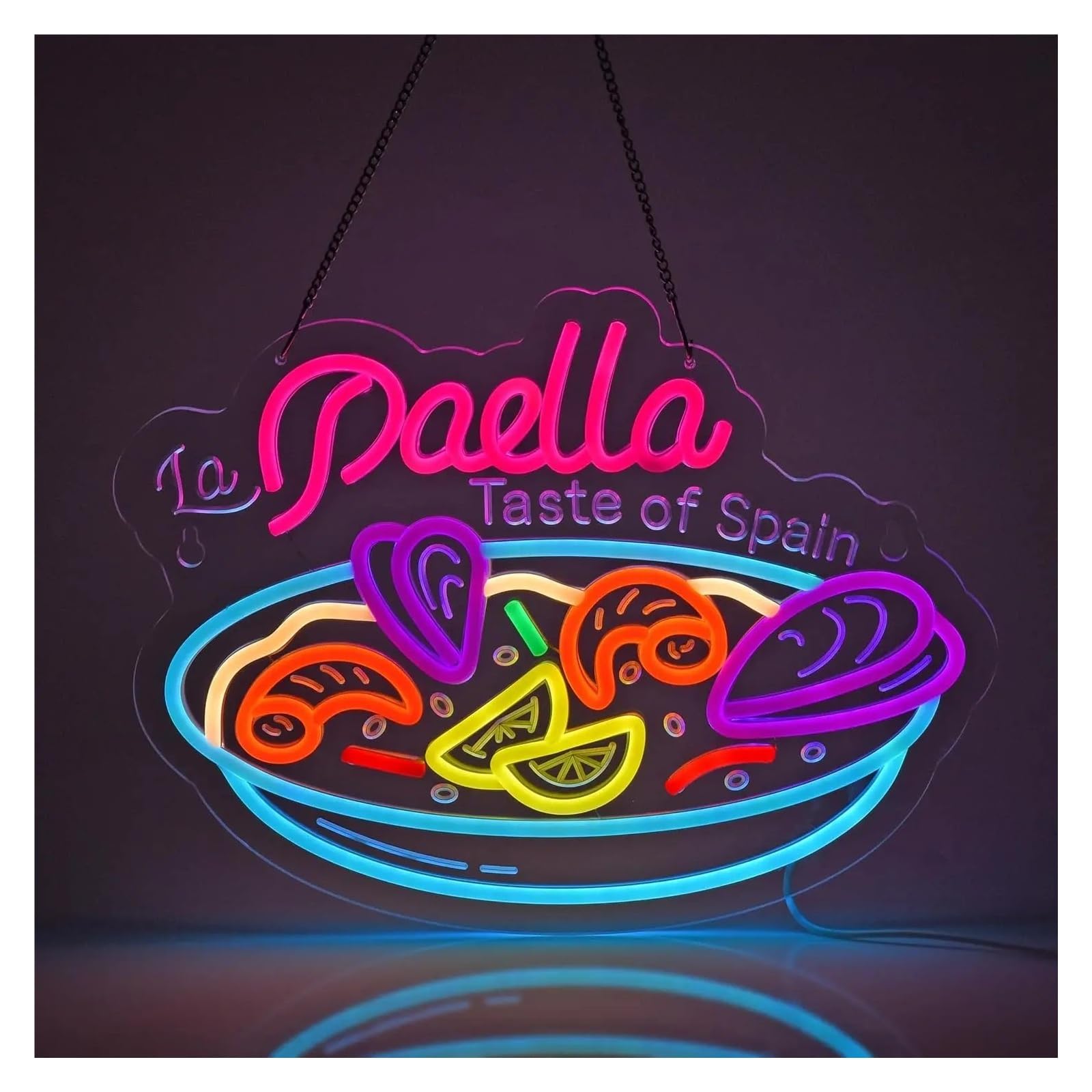 Hängende Kunst-Leuchtreklamen Paella-Neonschild, USB-dimmbares LED-Licht für Restaurant, Snack-Shop, Küche, Essensliebhaber, Party, Wandkunst, Dekoration, 15.75x11.81in