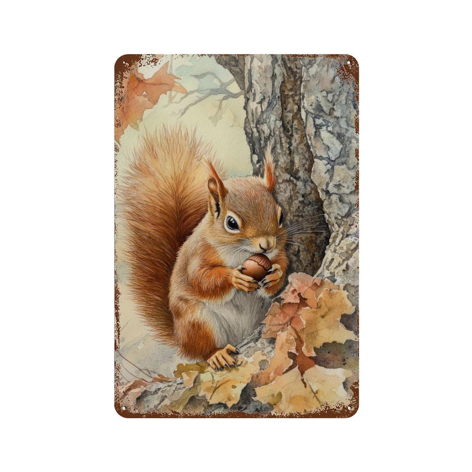 Red Squirrel Watercolour Cottagecore Decor Nature Vintage Wildlife Illustration Rustic Woodland Wall Decor Art Metal Tin Poster Modern Home Decor Art Home Bar Shop Decorations Vintage Sign 30x20cm