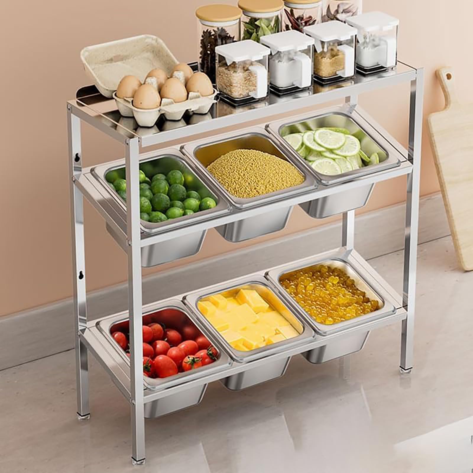 Distributeur de condiments en acier inoxydable et support organisé pour la cuisine et la restauration pour sauces, épices et assaisonnements, design élégant et durable pour économiser de l'espace