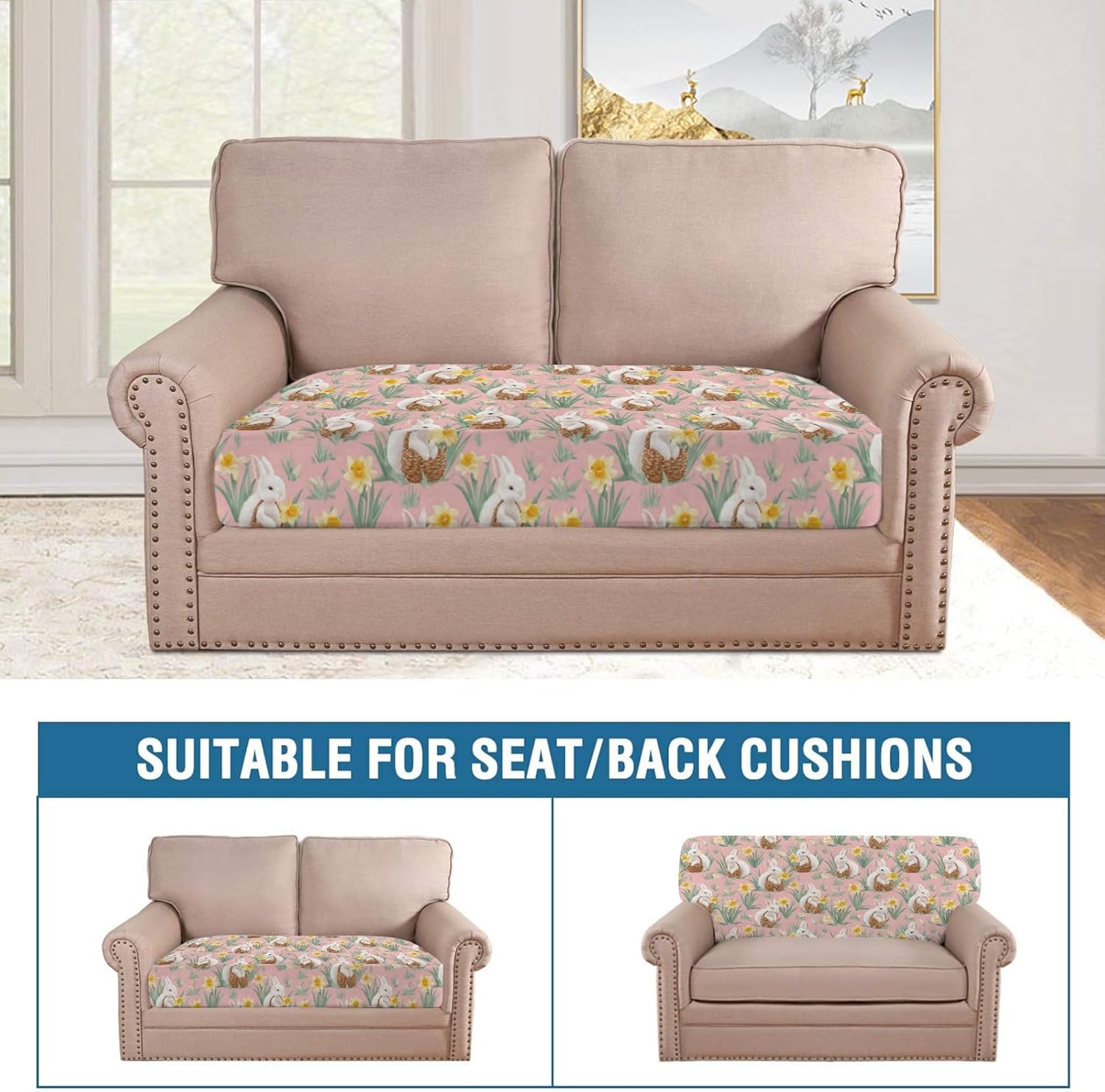Pastel Easter Bunny Loveseat Covers Couch Covers for 2 Cushion Couch, 2-Piece Stretch Sofa Slipcovers Anti-Slip Washable Furniture Protectors for Dogs Pets