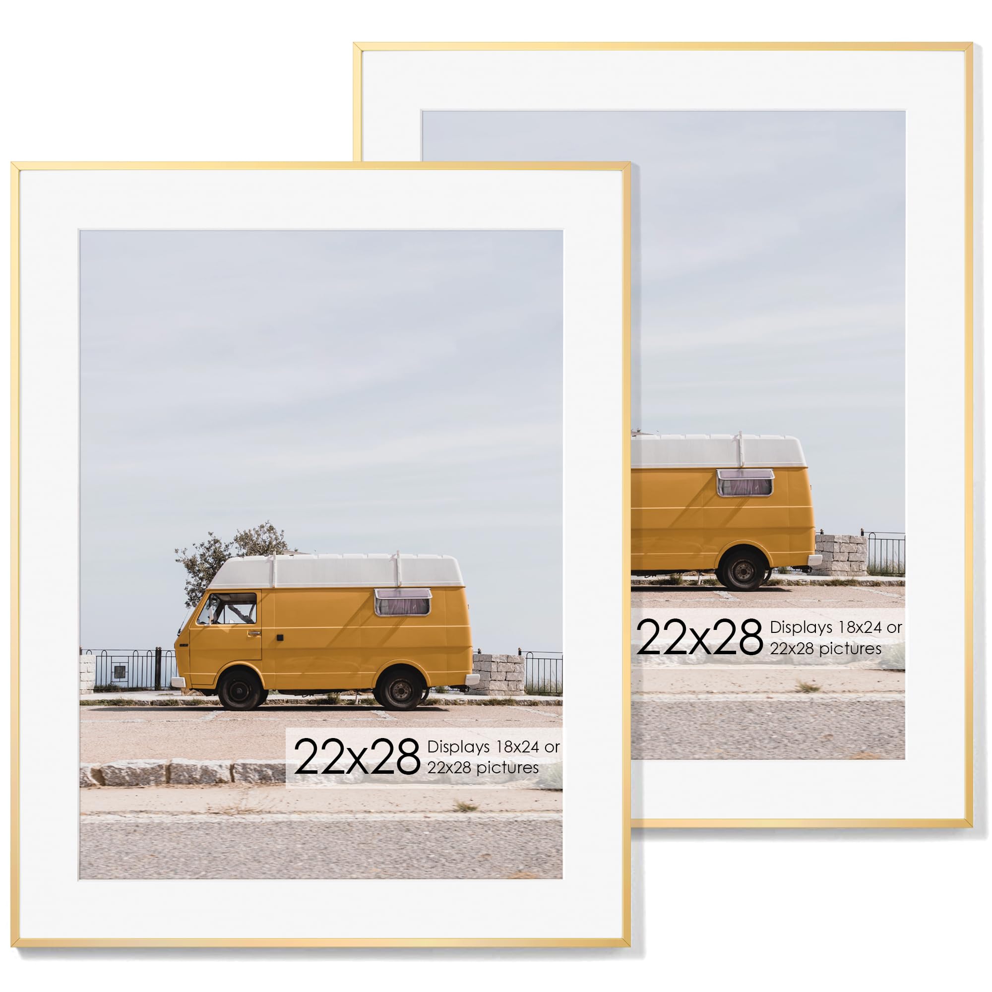 Photo 1 of 22x28 Metal Picture Frame with 18x24 Mat, Brushed Aluminum Finish, Tempered Glass Front, and Attached Hanging Hardware - Versatile Wall Display Frames for Vertical or Horizontal Orientation(Gold, Pack Gold 22x28 - 2P