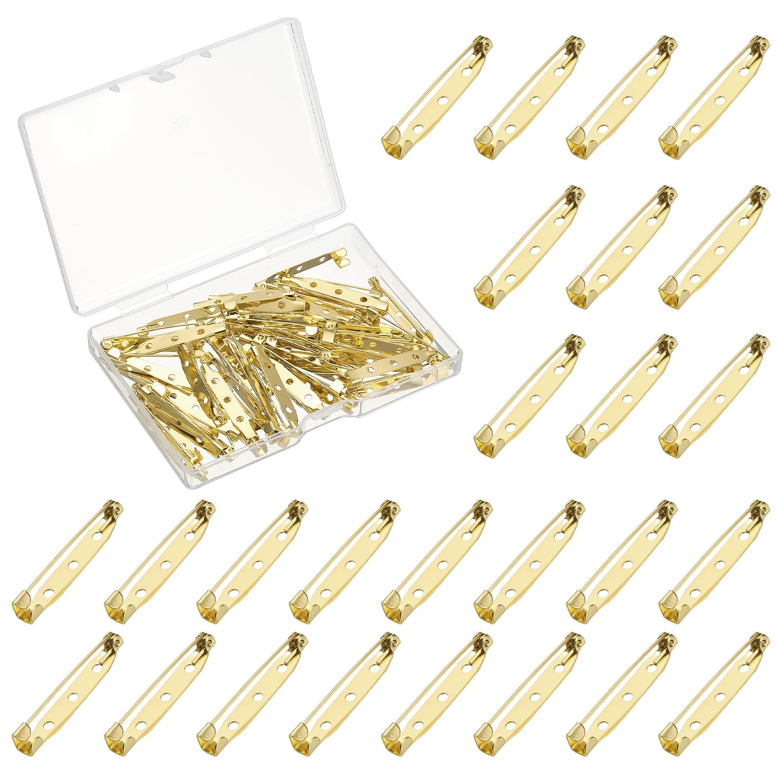 YELARXI Brooch Pin Backs, Brooch Clasp Badge Pins, Bar Reliable Metal Button Locking Safety Clasp- Fitting for (Sewing - DIY Craft - Wedding - Name Tags) 35 mm & 50 Pack & Light Gold