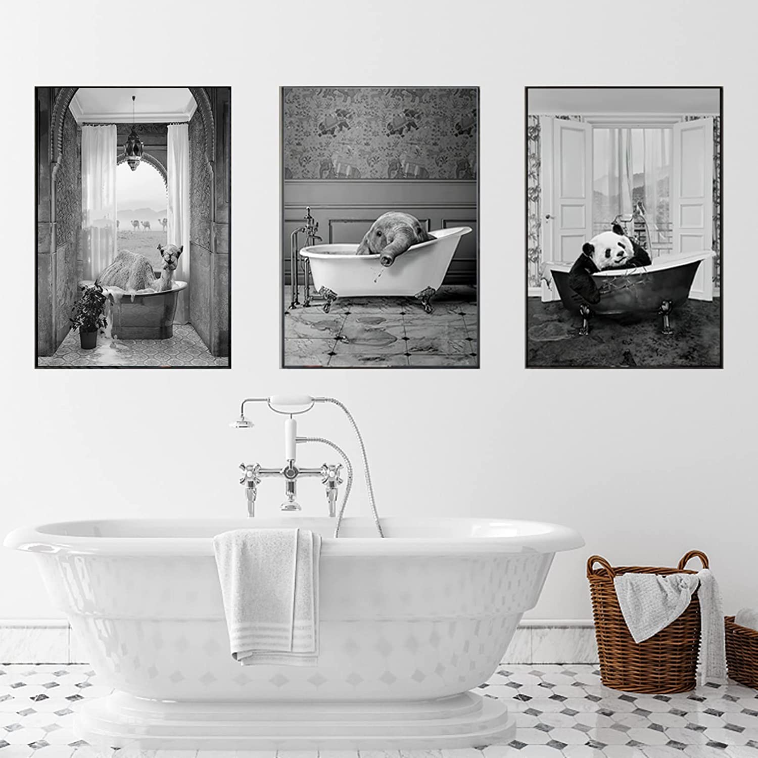 LPFNSF Bathroom Pictures Bath Animal Giraffe Elephant in Bathtub Picture Funny Wall Art Prints Canvas Bathroom Poster Unframed. (Style 1 - Image 2