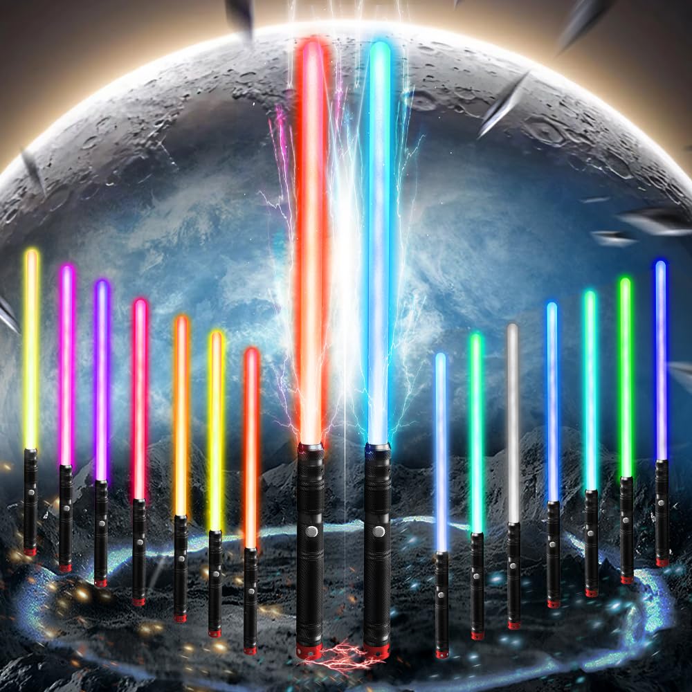 VATOS 2PCS Rechargeable Metal Light Swords for Kids, RGB 15 Colors LED Lightsword with Fight Sound Effects,2 in 1 Portable Detachable Saber Toys for Kids Adult Cosplay, Fighters Theme Parties