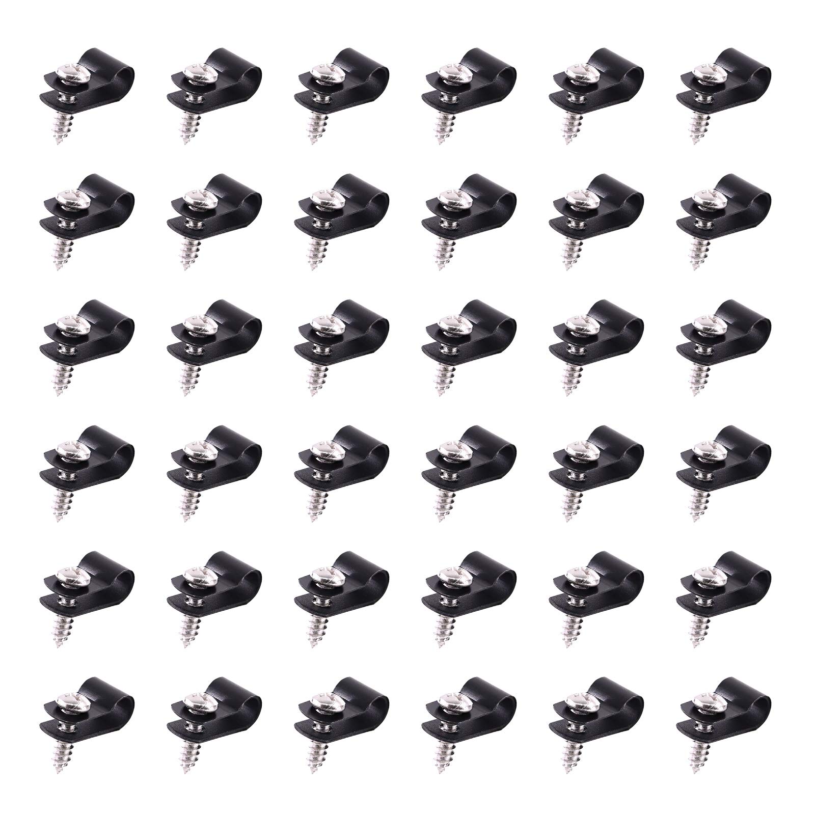 Swpeet 60 Pack Black 1/4 Inch Nylon Plastic R-Type Cable Clips Clamp Kit, Nylon Screw Mounting Cord Fastener Clips with 60 Pack Screws for Wire