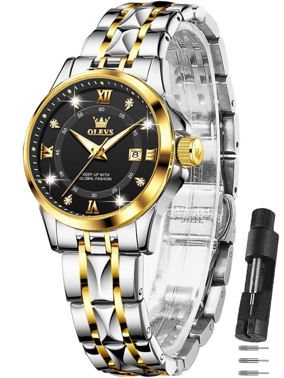 OLEVS Armbanduhr für Damen, zweifarbig, mit Datumskleid, Damenuhren für kleine Handgelenke, luxuriös, leicht ablesbar, wasserdicht, blau/schwarz/gold/silbernes Zifferblatt, Reloj para Mujer