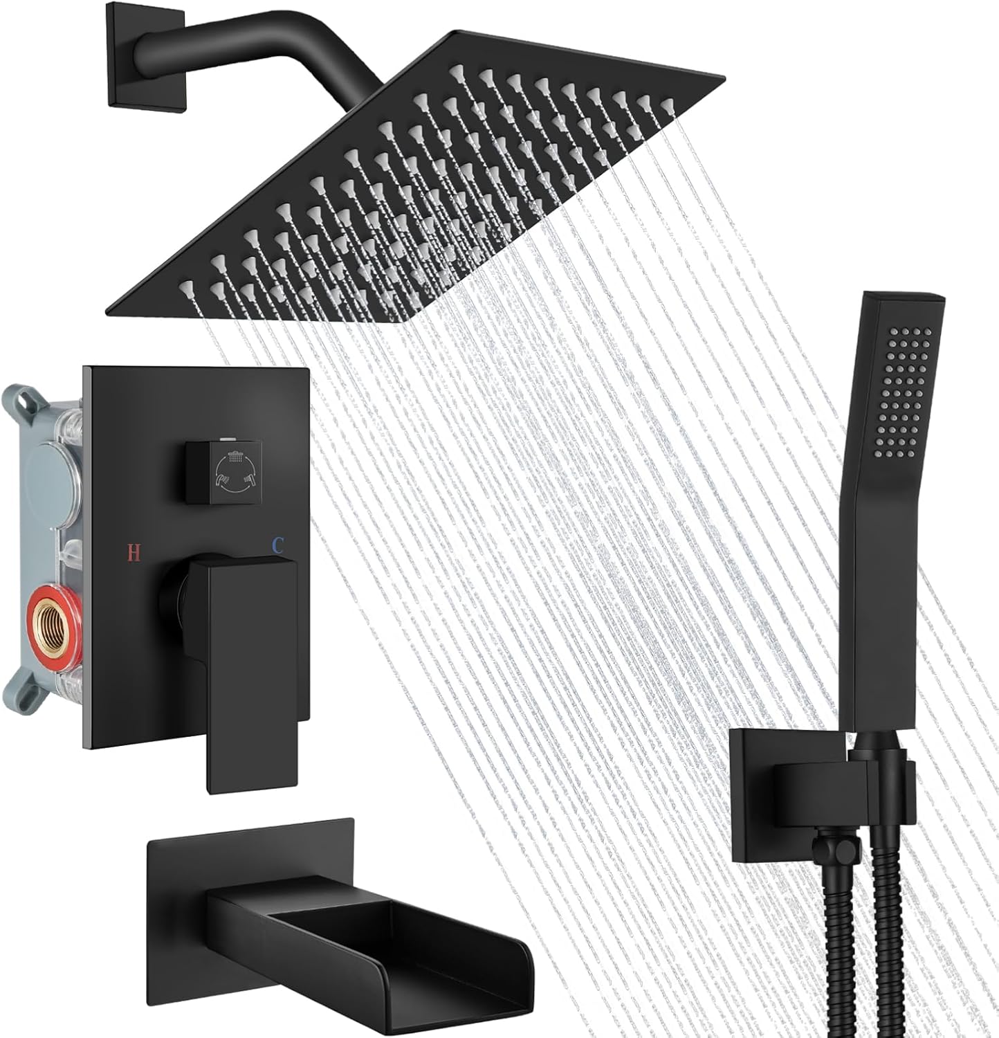 Midanya Rain Shower System Tub Shower Faucet Set Square Rainfall Waterfall Shower Head with Handheld Sprayer Tub Spout Combo Wall Mounted bathtub faucet set Rough-in Valve, 8 Inch Matte Black