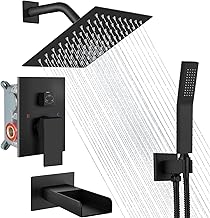 Midanya Rain Shower System Tub Shower Faucet Set Square Rainfall Waterfall Shower Head with Handheld Sprayer Tub Spout Combo Wall Mounted bathtub faucet set Rough-in Valve, 8 Inch Matte Black