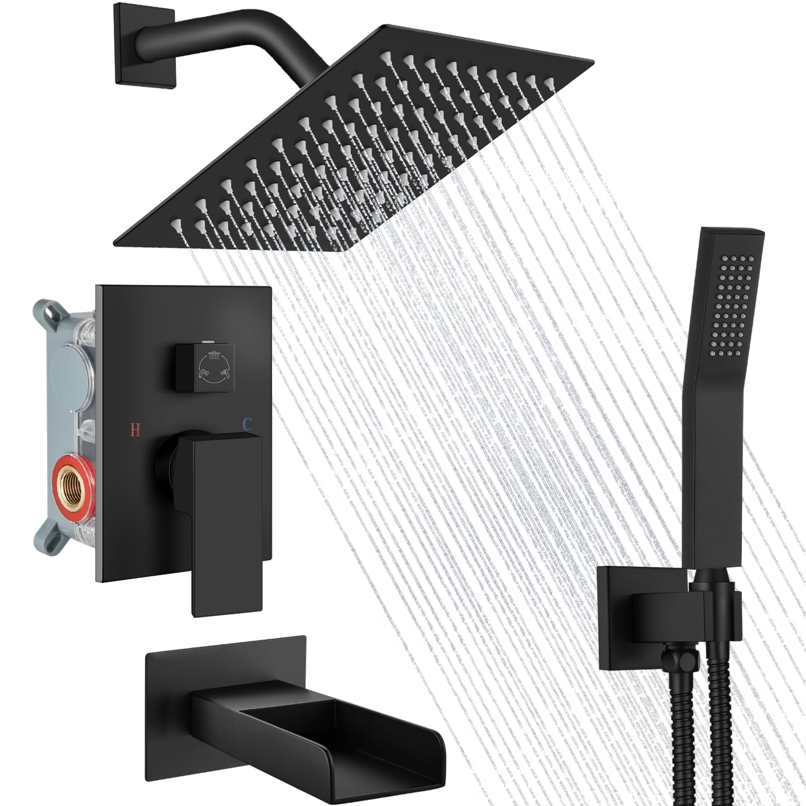 Hcfyauis Matte Black Rain Shower System Tub Shower Faucet Set Square Rainfall Waterfall Shower Head With Handheld Sprayer Tub Spout Combo Wall Mounted Bathtub Faucet Set Rough-In Valve, 8 Inch