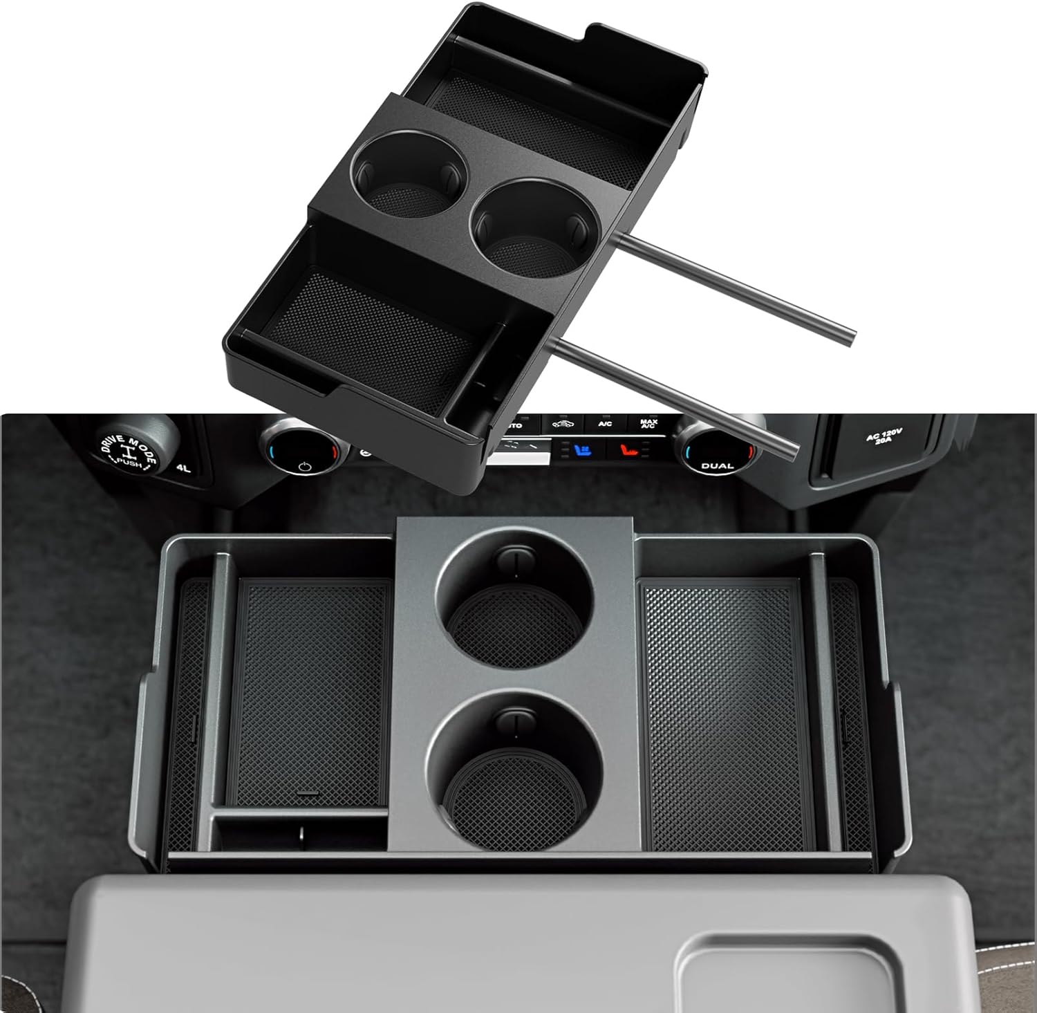 Front Center Seat Headrest Organizer Compatible with 2011-2026 Ford F150 F250 F350 F450 F550 F650 Cup Holder Coin Container Storage Box with Silicone Pads Accessories (Jump Seat Console Only)