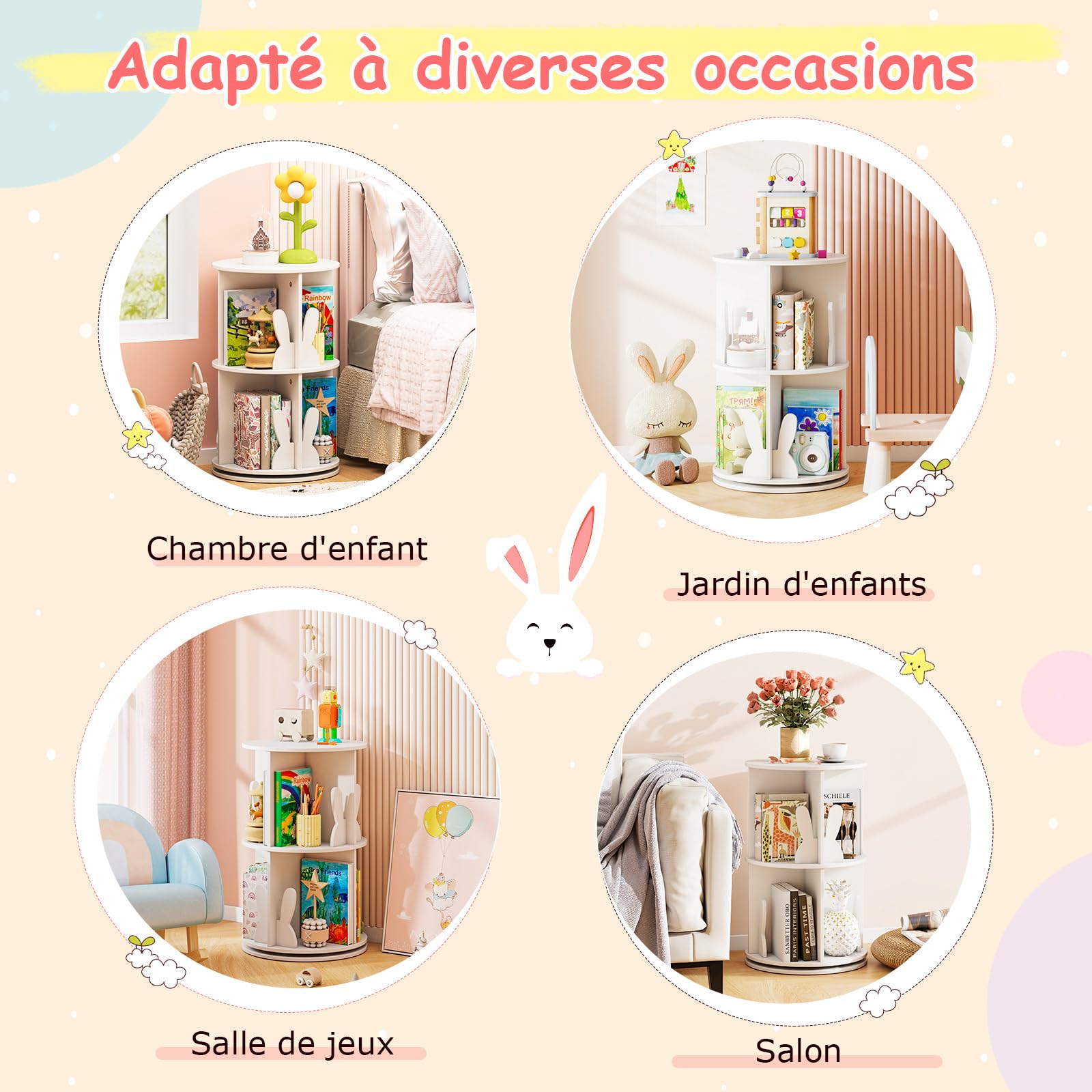 COSTWAY Bibliothèque Enfant Rotative à 360°à 2 Niveaux avec 8 Compartiments Ouverts, Étagère à Livres avec Cloisons en Forme Lapin, Patins Antidérapants pour Chambre d'enfant Salon (Blanc)