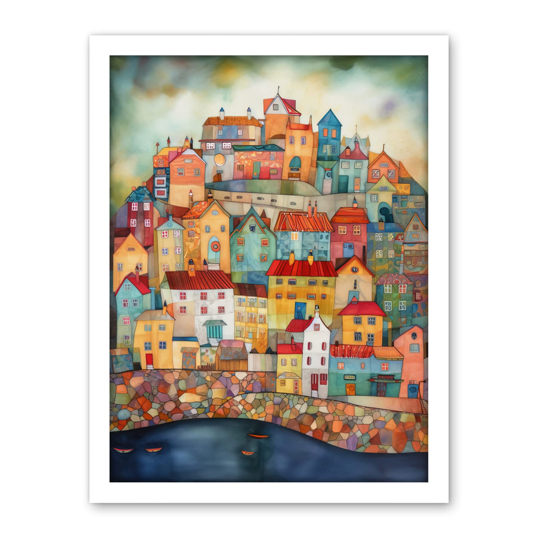 Artery8 Home By The Sea Folk Art Artwork Framed Wall Art Print 18X24 Inch