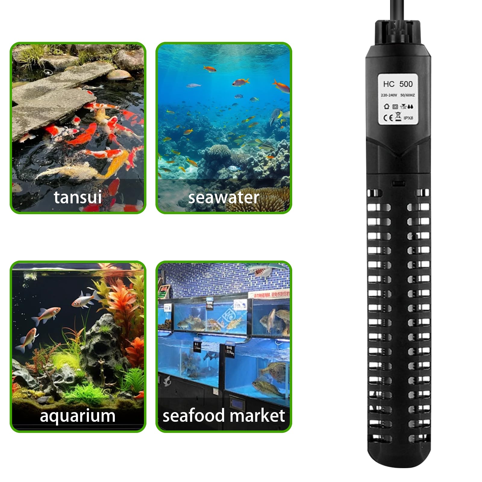 HUIZHOU Chauffage pour Aquarium (15-34 °C), thermoplongeur pour Aquariums et bassins à Poissons avec régulateur de température et Protection Contre la surchauffe (500W)