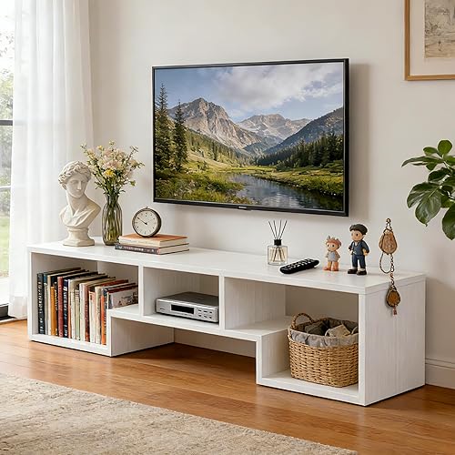 Miniatura 18 de Lightdot Soporte de TV para televisores de hasta 45 pulgadas, moderno centro de entretenimiento con 3 estantes de almacenamiento abiertos, mesa
