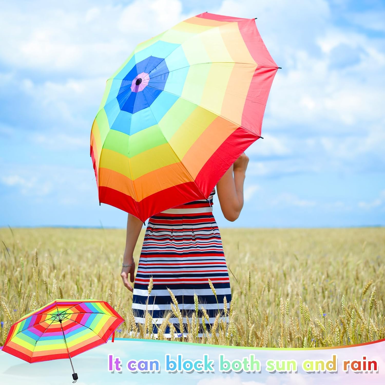 Cunno Pc Rainbow Umbrella Portable Tri Folded Pride Umbrella Windproof Compact Rain Parasol for Travel Beach Wedding Party Vibrant