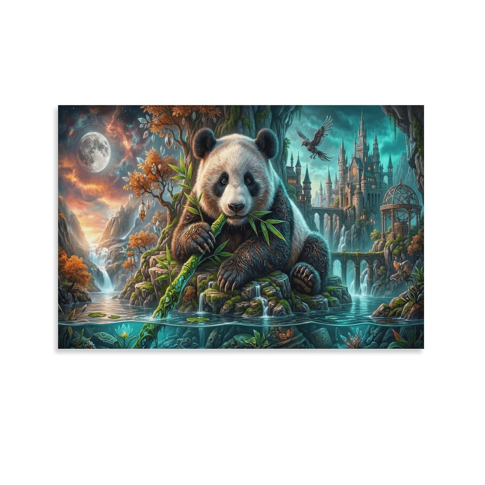 XPASHIQWC Panda Poster Artwork Castle Bamboo Canvas Prints Picture Modern Wall Art Picture Wall Hanging for Living Room Home Decorations 20x30inch(50x75cm)