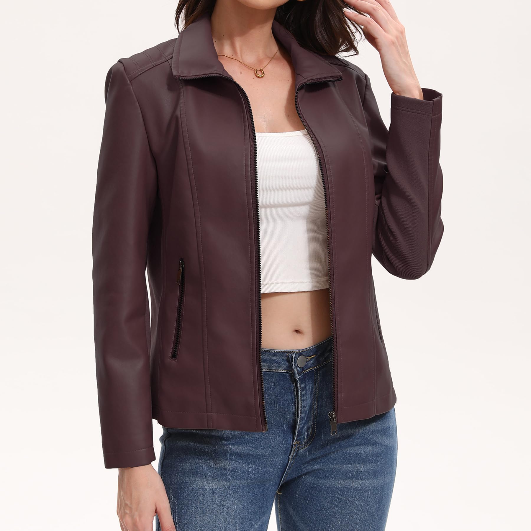 YYNUDA Chaqueta de piel para mujer, tejido elástico, chaqueta de motorista, cremallera, monocolor, piel, cuello alto, chaqueta de moto