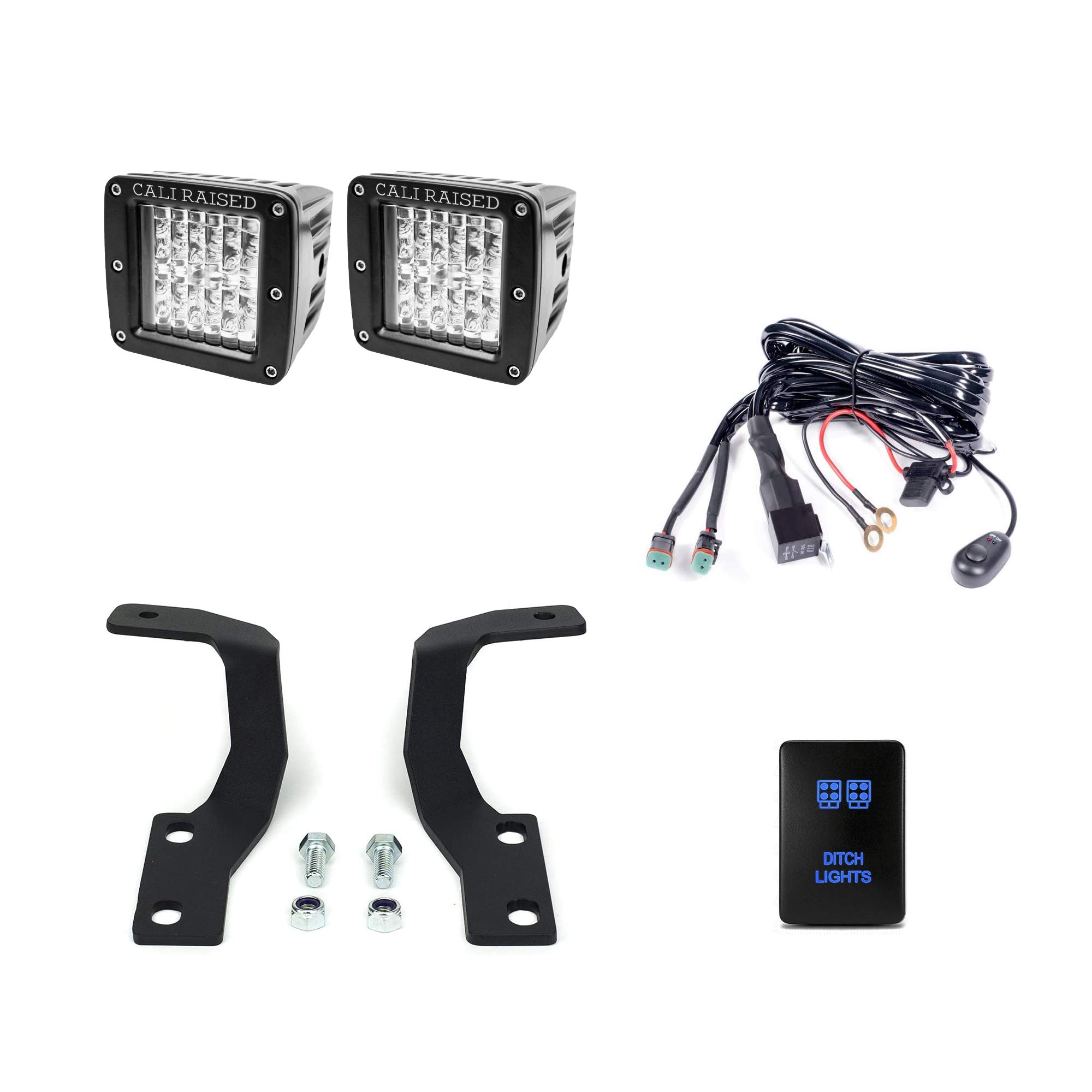 Cali Raised LEDLow Profile LED Ditch Light Brackets Kit for 2010-2023 4Runner (Brackets with 3x2 18W LED Pods (Amber) and Wiring Harness, Small OEM Style Ditch Light Switch)