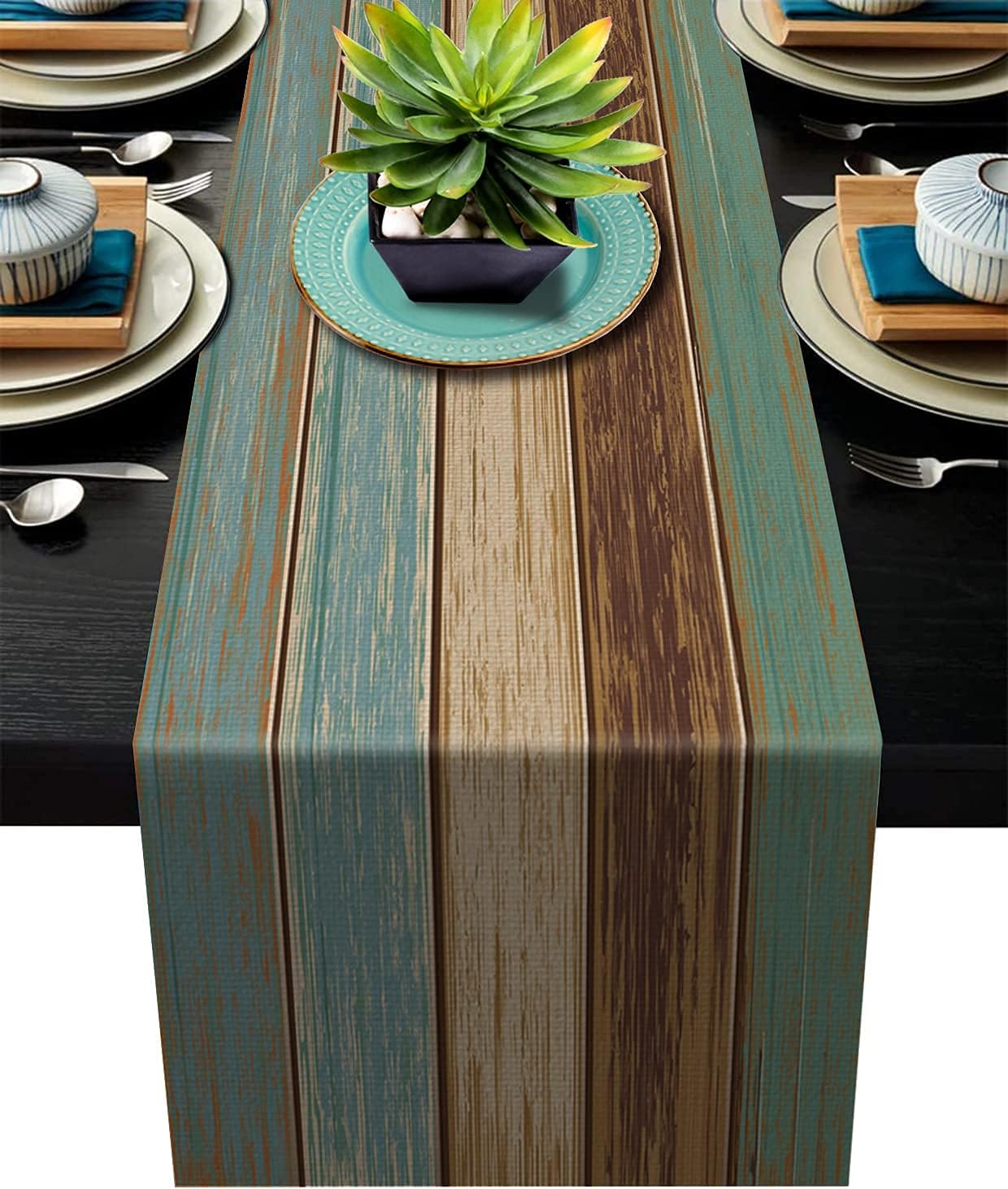 Table Runner Rustic Wood Texture Blue Green Brown Burlap Table Runners Decor for Dinner Home Farmhouse Wedding Party Holiday 13 x 70 Inch
