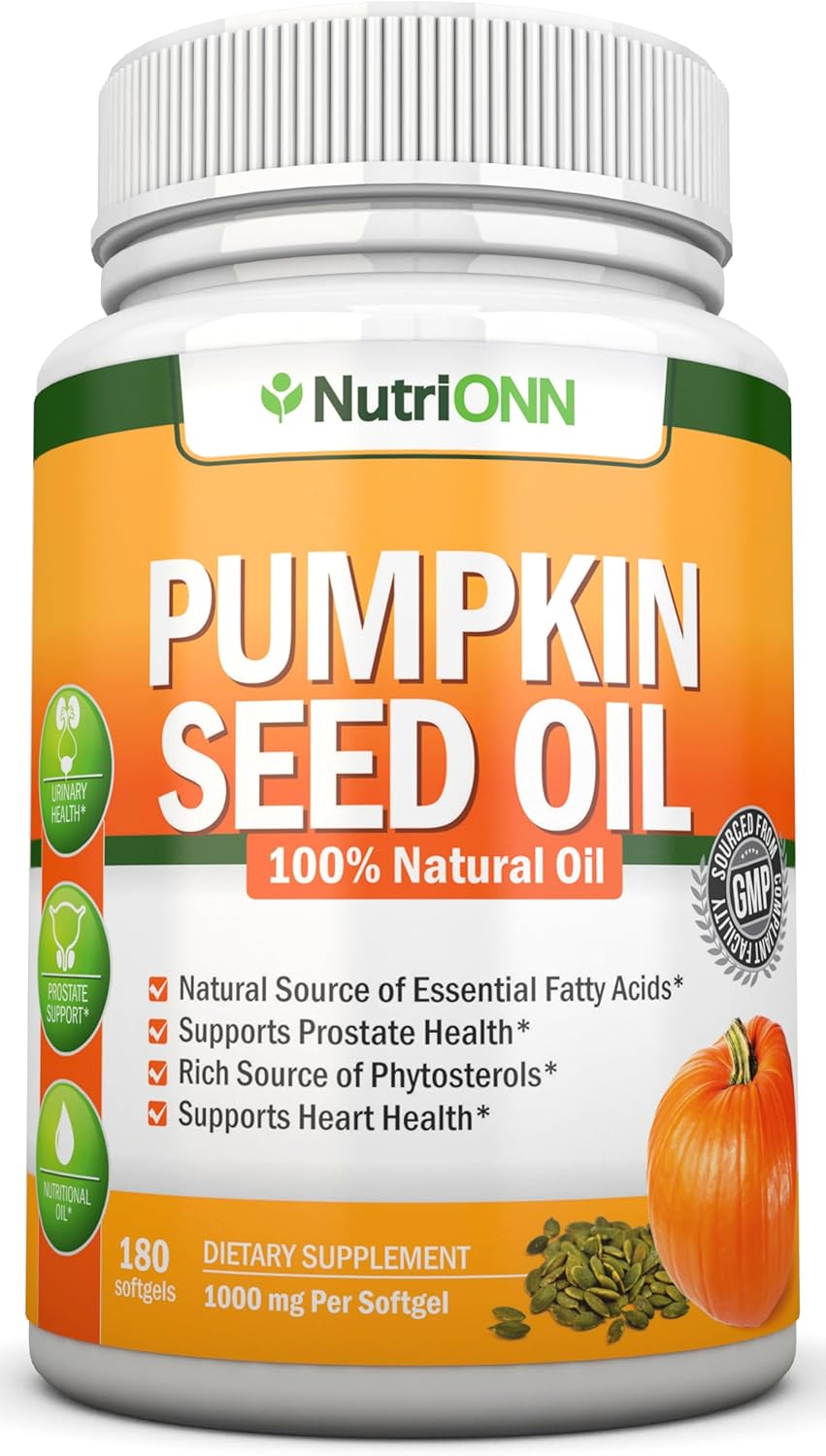 Pumpkin Seed Oil – 1000MG – 180 Softgels – Cold-Pressed Natural Pumpkin Seed Oil – Natural Source of Essential Fatty Acids – Great for Hair Growth, Prostate Health and GI Tract