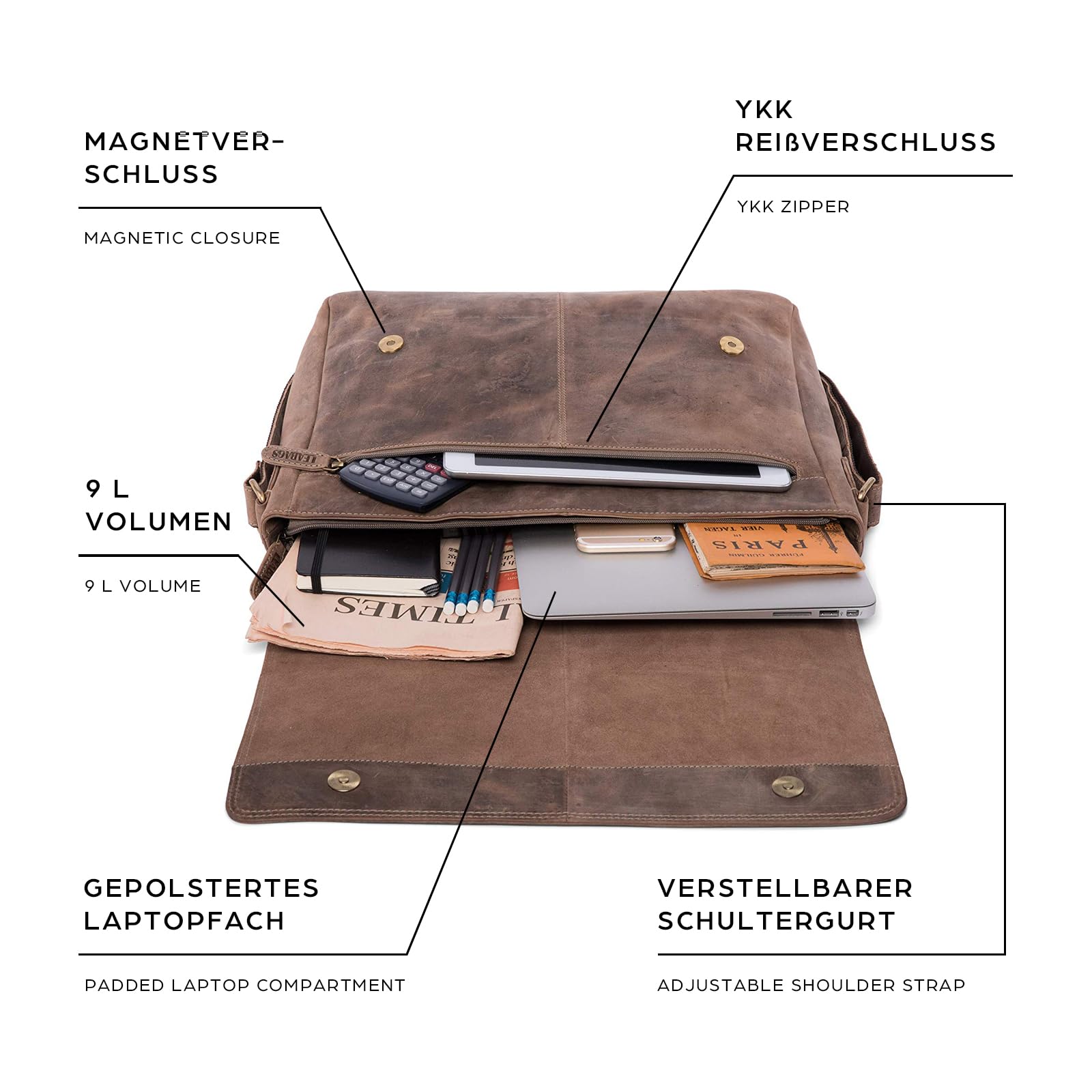 LEABAGS Messenger Bag, Acapulco Echtleder Aktentasche Herren & Damen, Leder Laptoptasche bis 15 Zoll, Umhängetasche mit Schultergurt 39 x 30 x 11 cm