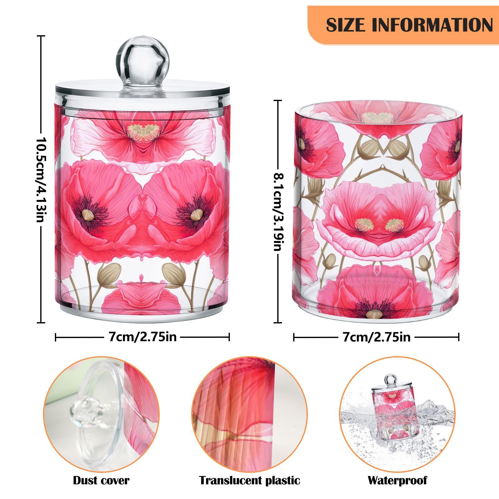 Msyxl 4 Pack Pink Poppy Flowers Apothecary Jars with Lid, Qtip Holder Storage Containers for Cotton Ball, Swabs, Pads, Clear Plastic Canisters for Bathroom Vanity Organization (10 Oz)