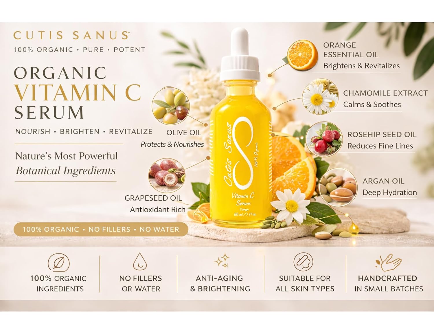 Organic Vitamin C-Rich Face Oil Serum, 2 Oz – Botanical Facial Oil with Rosehip, Argan, Grapeseed & Pumpkin Seed Oils for Dry, Dull & Mature-Looking Skin - Cutis Sanus