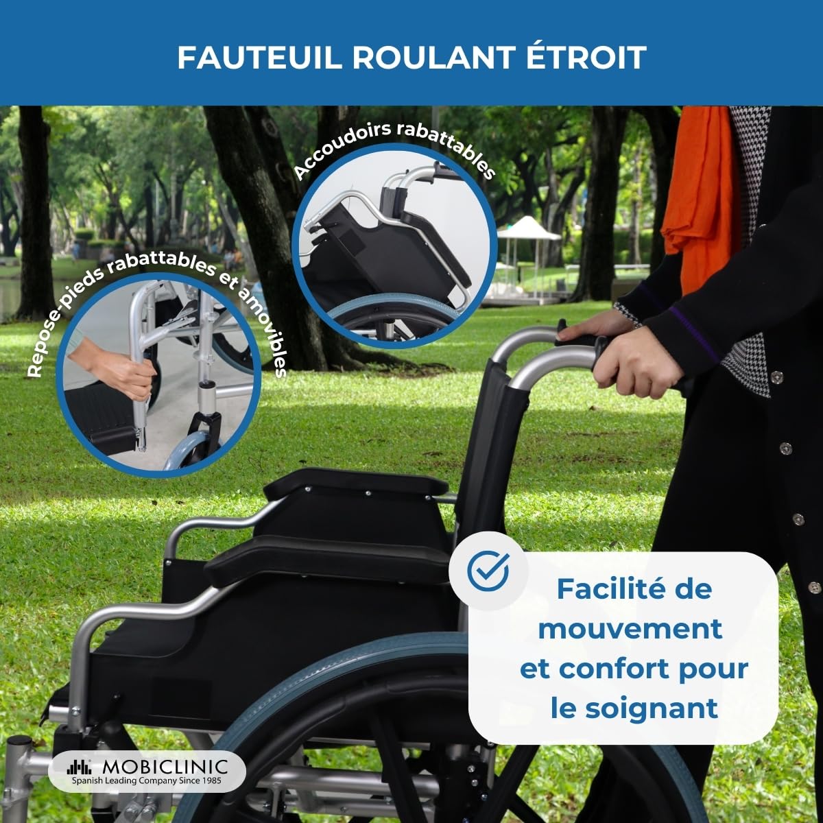 Mobiclinic®, Fauteuil roulant pliable, Léger, Système sous trottoir, Frein de stationnement, Modèle ópera, Aluminium, Roulettes solides, Accoudoirs pliants, Repose-pieds amovibles, Ergonomique