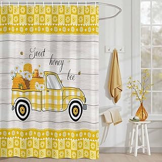 Bee Truck Shower Curtain, Stall Bathroom Curtains for Bathtub, Yellow Honey Daisy Floral Plaid Wooden Grain Waterproof Fabric Shower Curtain Set with 12 Hooks, Standard 72" x 72"