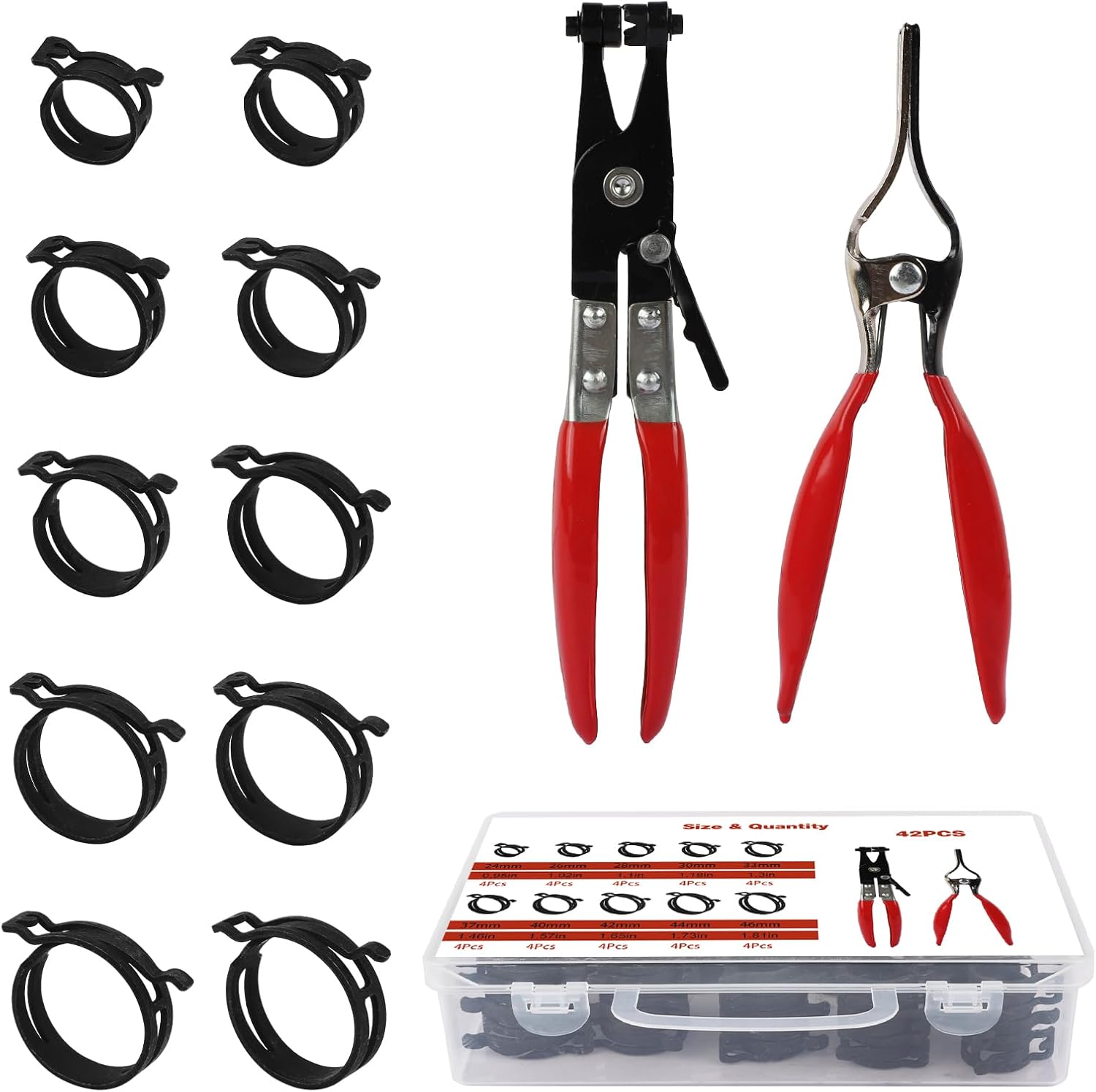 24-46mm Spring Hose Clamps, With Rotating Flat Hose Clamp Pliers and Hose Removal Pliers Combination set - 10 Large Sizes of Fuel Line Clamps, Made of Chrome Vanadium Steel.