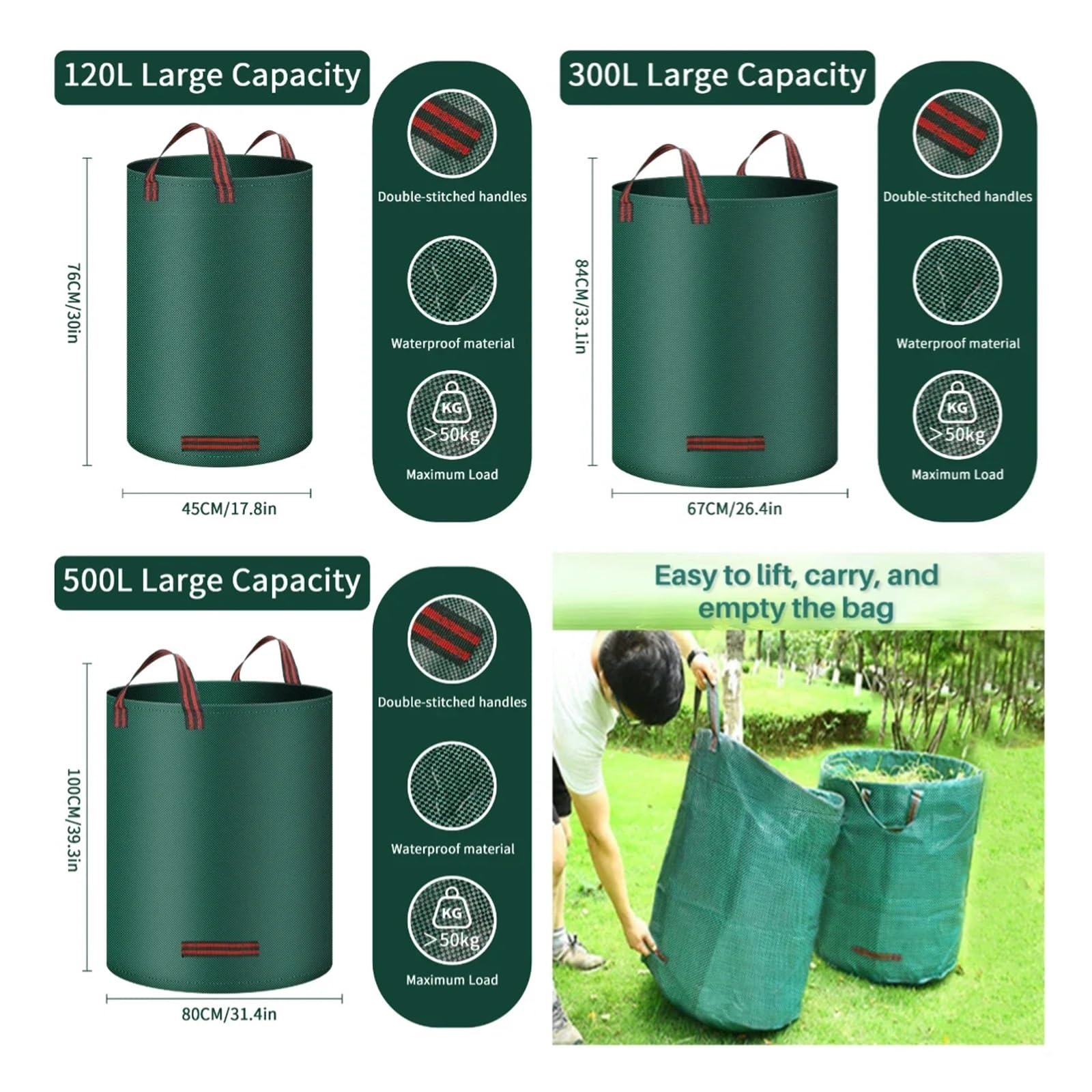Bolsa For Residuos De Jardín, 120/300/500 L, Grande, Reutilizable, Impermeable, For Hojas, Malezas, For, Almacenamiento para hojas, restos vegetales(500L)
