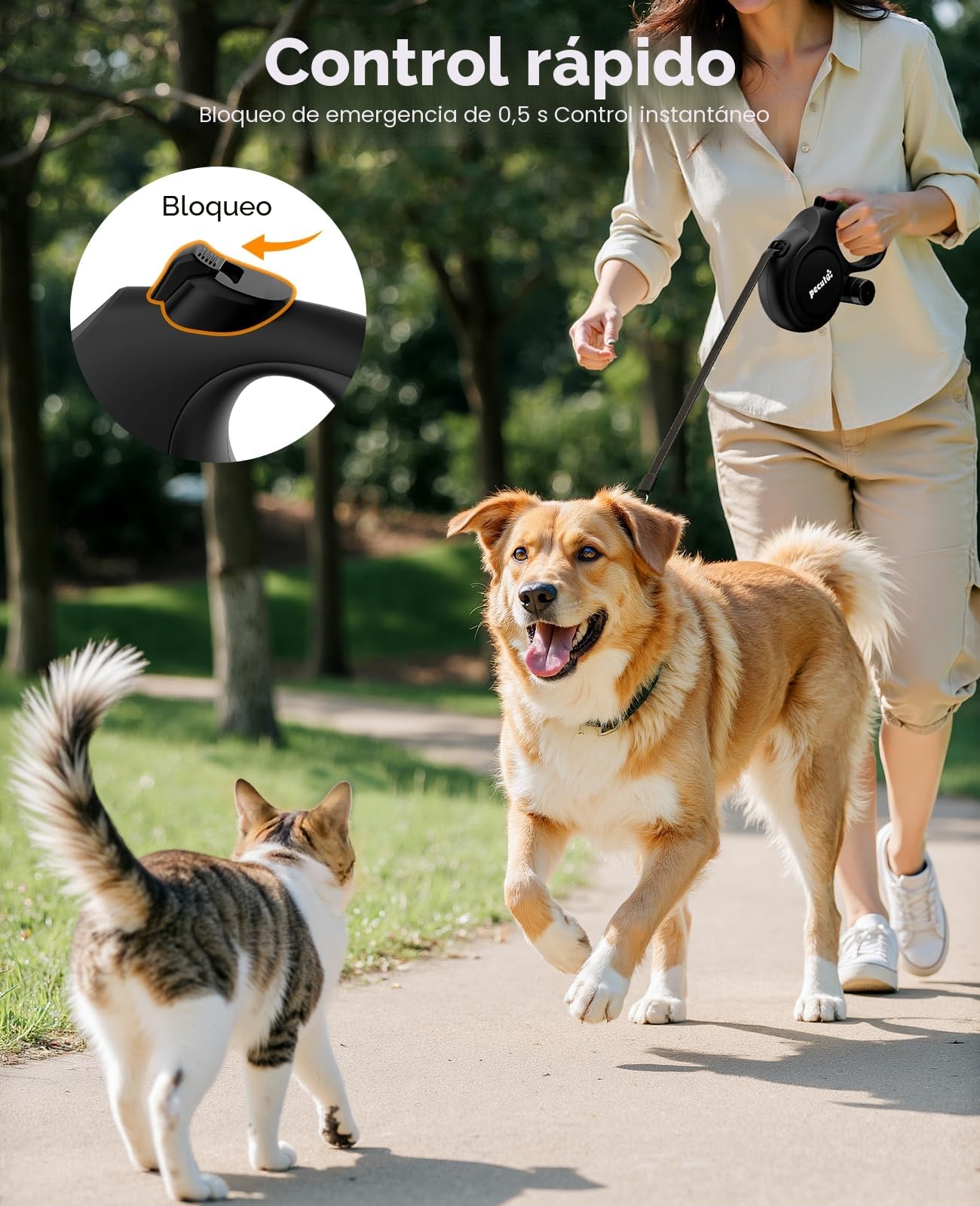 Pecute Correa Perro Extensible 8 Metros, Correa para 15-50 kg, con Cuerda Antimordida de 46cm, Bolsas Higiénicas y Portabolsa| 360° Antienredos| Paseo de Perros, Entrenamiento, días de Iluvia, Negro